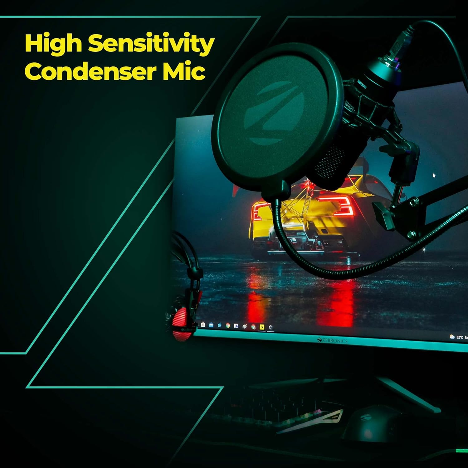 Zebronics Zeb-Lucid Pro Desktop Mount Condenser Microphone with 2M USB Cable for Computer/ PC/ Cardioid Pattern/ Metal Body/ High Sensitivity/ Shock Mount/ Plug and Play/ Unidirectional (Black) - Image 5