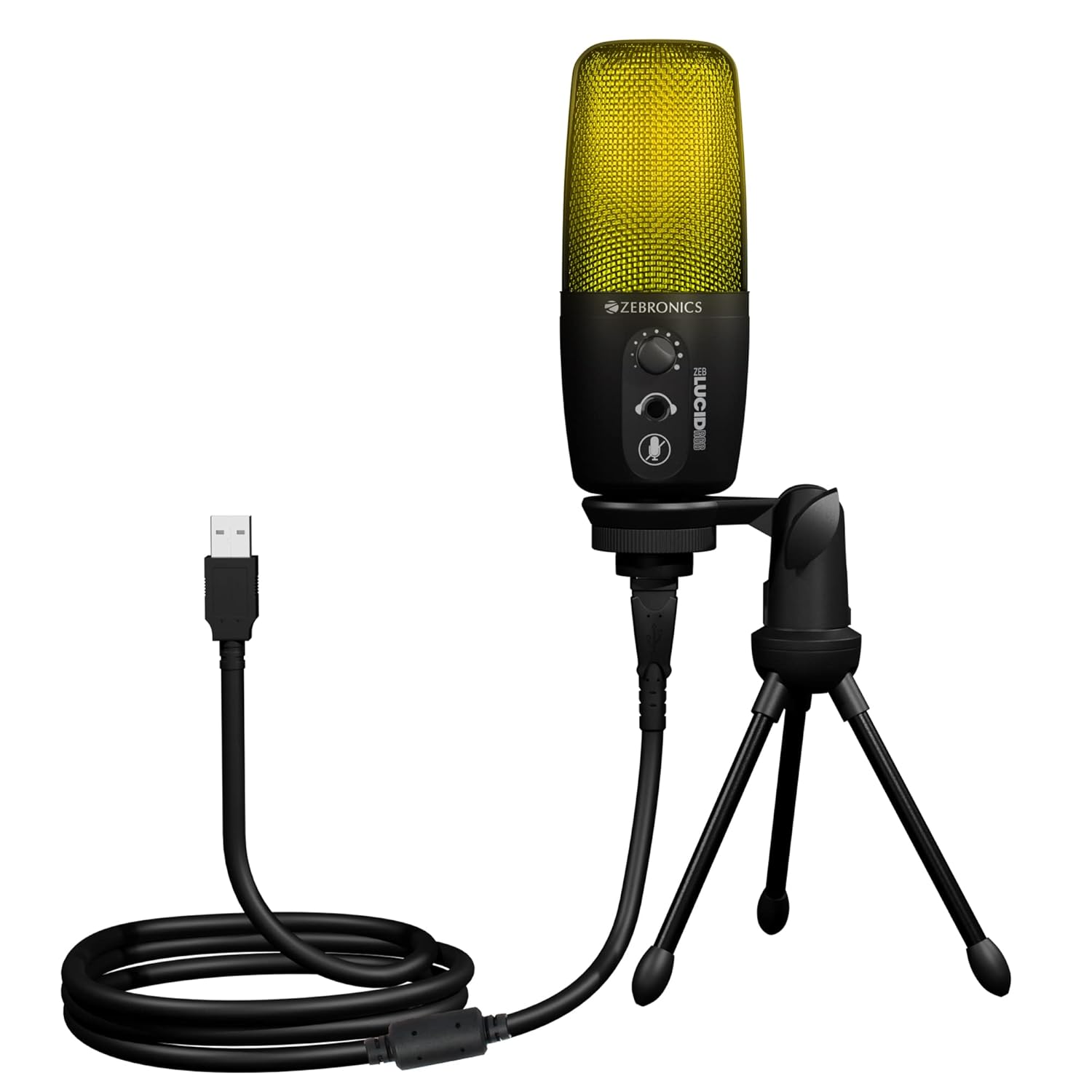 Zebronics Zeb-Lucid RGB Gaming Tripod Condenser Microphone with 2M USB Cable for Computer/PC/ Cardioid Pattern/ RGB Lights/ Metal Body Sensitivity Control/ Headphone Output/ Mute/Unmute Button - Image 2