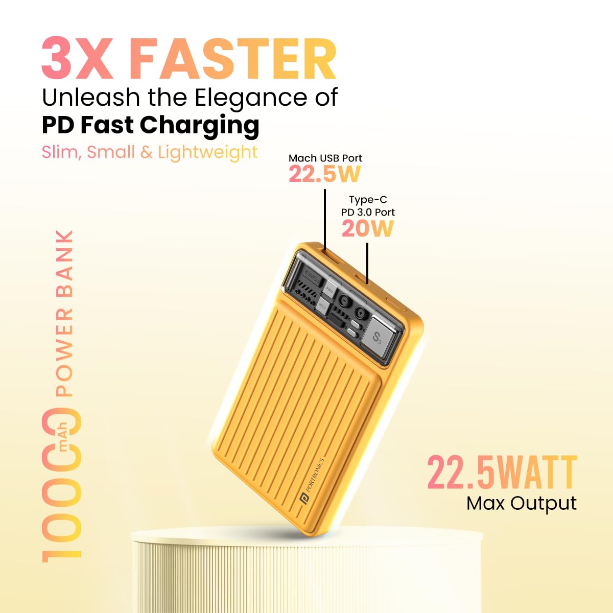 Portronics Luxcell Mini 10K Advanced 10000 mAh/ Smallest Power Bank with 22.5W Max Output/ LED Indicator/ Mach USB-A Output/ Type C PD Output/ Type C Input/ Wake Up Button (Yellow) - POR 1995 - Image 2
