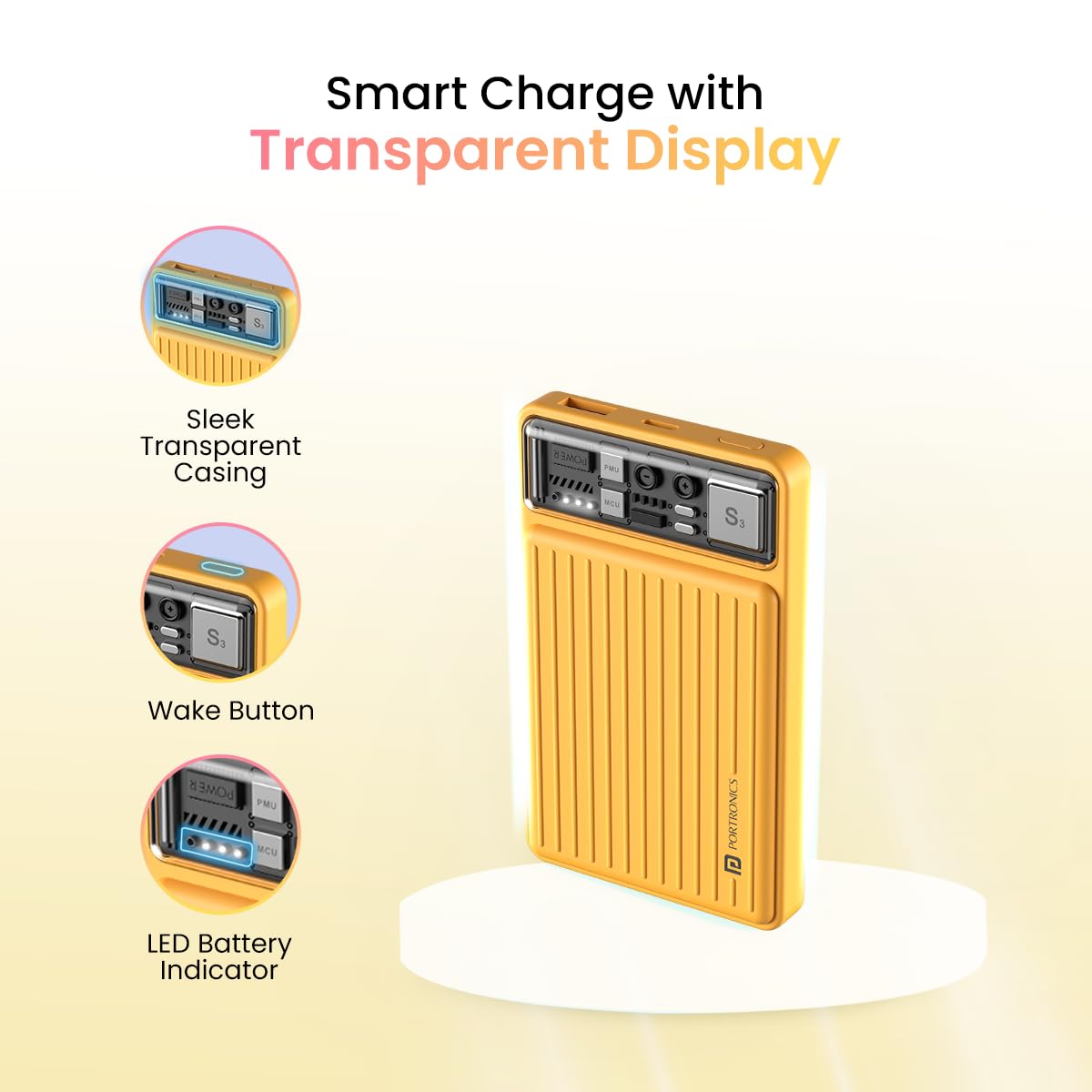 Portronics Luxcell Mini 10K Advanced 10000 mAh/ Smallest Power Bank with 22.5W Max Output/ LED Indicator/ Mach USB-A Output/ Type C PD Output/ Type C Input/ Wake Up Button (Yellow) - POR 1995 - Image 4