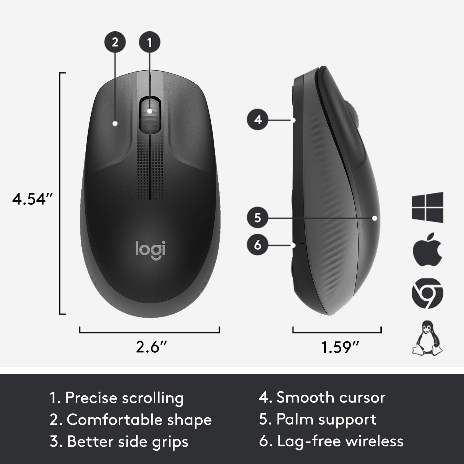 Logitech M190 Wireless Mouse (Charcoal) - Full Size Ambidextrous Curve Design, 18-Month Battery with Power Saving Mode, USB Receiver, Precise Cursor Control & Scrolling, Wide Scroll Wheel, Scooped Buttons - Image 4