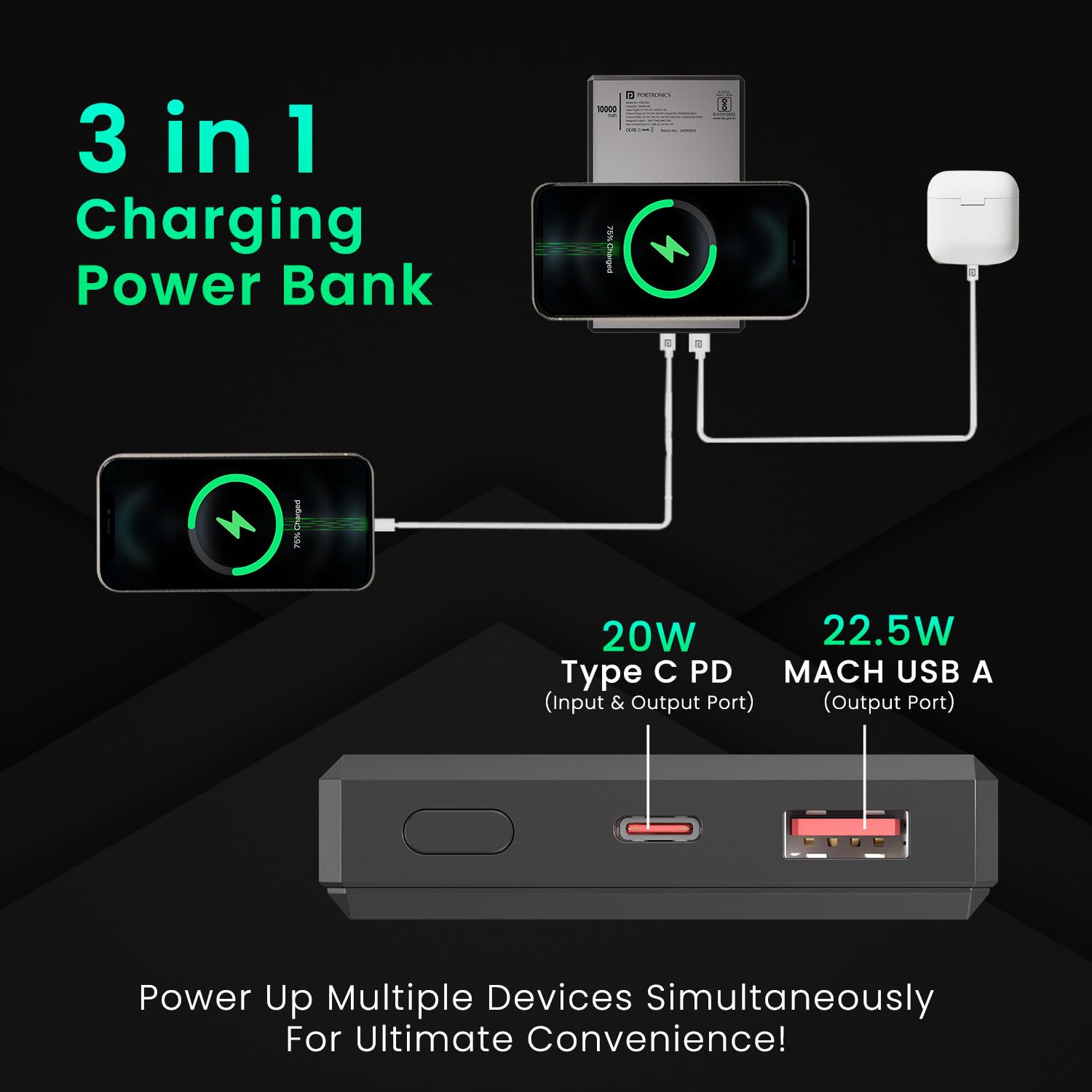Portronics Luxcell MagClick 10k 10000 mAh 15W Magnetic Wireless Fast Charging Power Bank Premium Finish, 22.5 Wired Output Compatible with iPhone 12 etc ,Type C Smartphones, Tablets - Dark Grey - Image 5