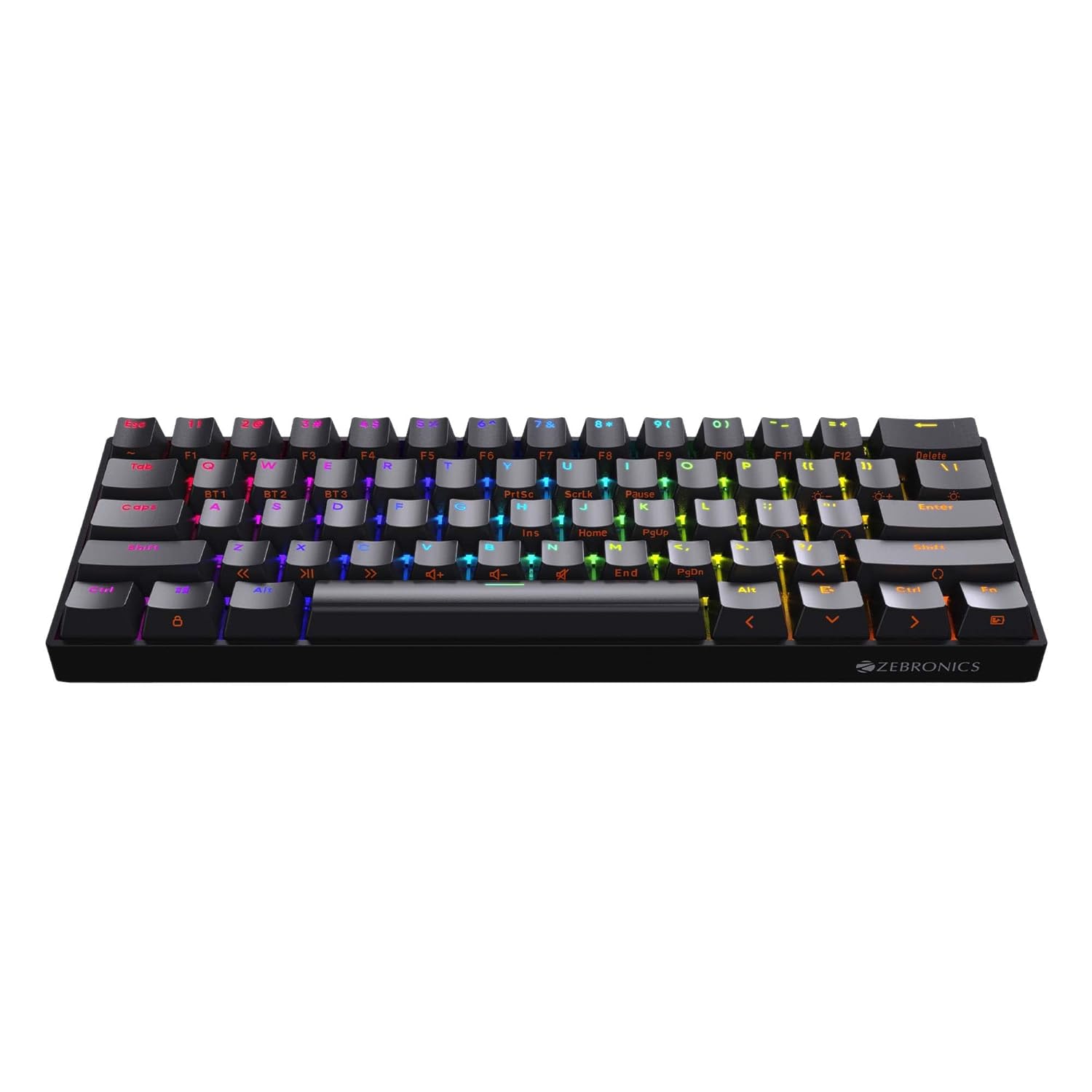 Zebronics Zeb-Max Ninja Wireless RGB Mechanical Keyboard with 61 Keys, 21 Backlit LED modes, 2.4GHz, 3X Bluetooth, Type C Wired Mode, Built-in Rechargeable Battery, 1.8m Type C Braided Cable - Black - Image 2