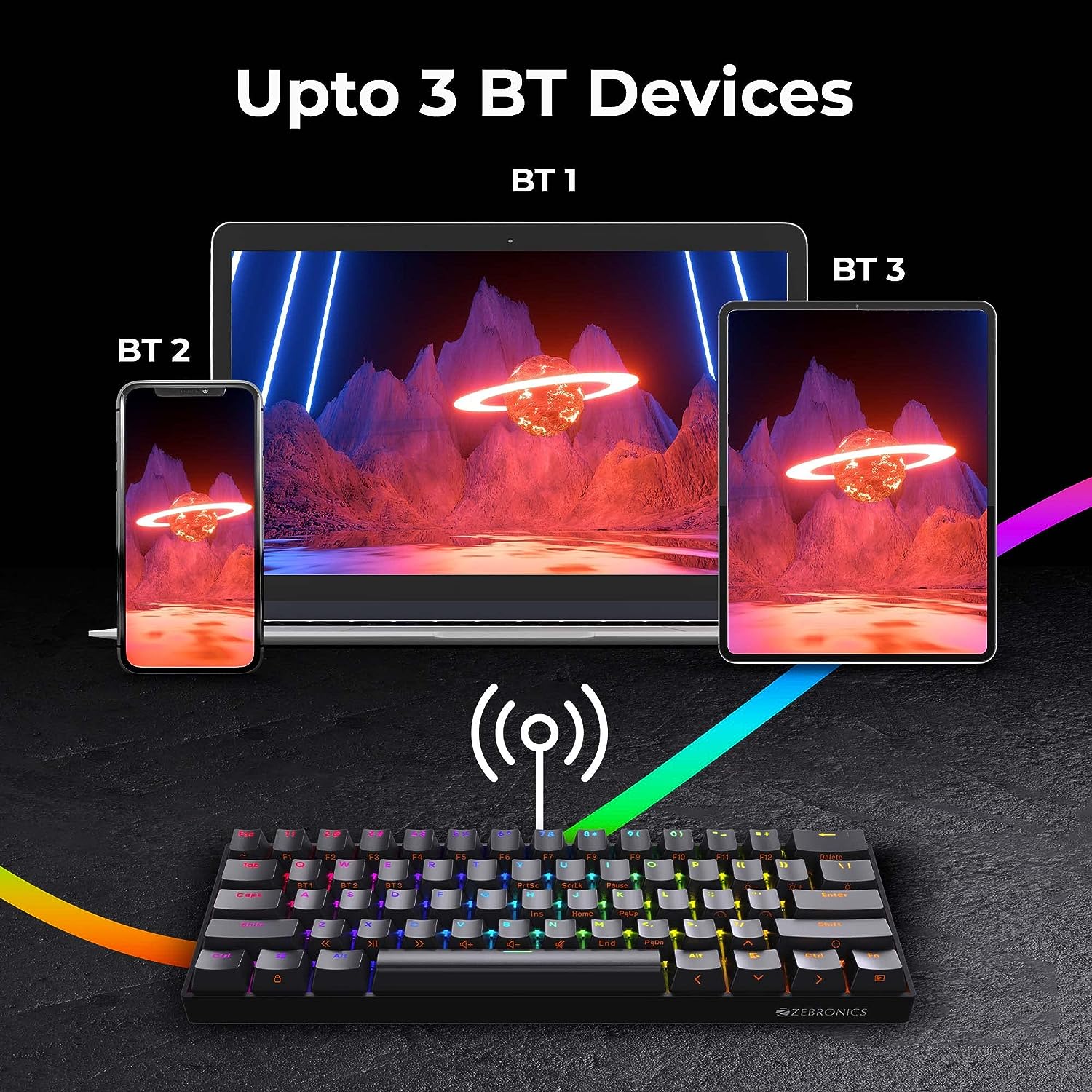 Zebronics Zeb-Max Ninja Wireless RGB Mechanical Keyboard with 61 Keys, 21 Backlit LED modes, 2.4GHz, 3X Bluetooth, Type C Wired Mode, Built-in Rechargeable Battery, 1.8m Type C Braided Cable - Black - Image 3