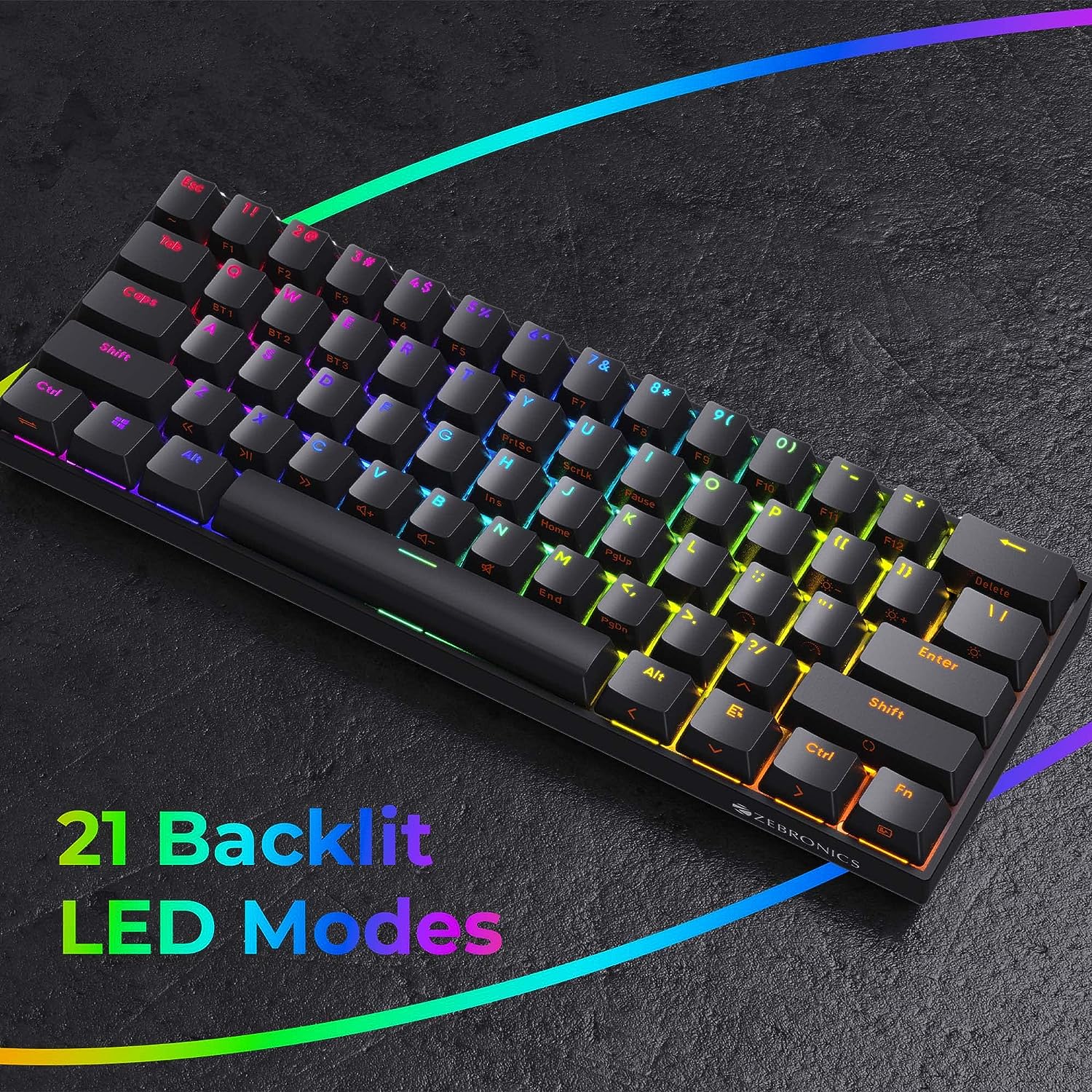 Zebronics Zeb-Max Ninja Wireless RGB Mechanical Keyboard with 61 Keys, 21 Backlit LED modes, 2.4GHz, 3X Bluetooth, Type C Wired Mode, Built-in Rechargeable Battery, 1.8m Type C Braided Cable - Black - Image 4