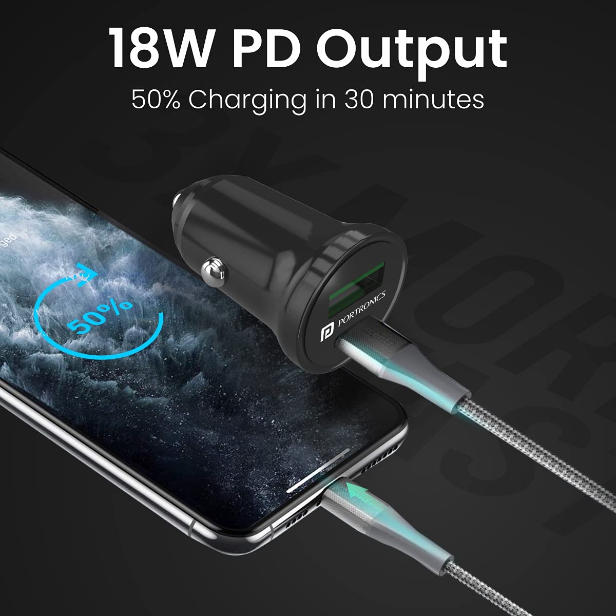 Portronics Car Power Mini Car Charger with Dual Output/ Fast Charging (Type C PD 18W + Mach USB-A) Compatible with All Smartphones - Black - Image 4