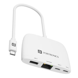 Portronics Mport 41 USB C Hub (4-in-1) with Ethernet (1000 Mbps Gigabit Internet), 2-Ports Type-C Data, USB 3.0 Port, Multiport 10/100/1000 Mbps RJ45 LAN Adapter for Laptop, PC, Mac and Desktop - White