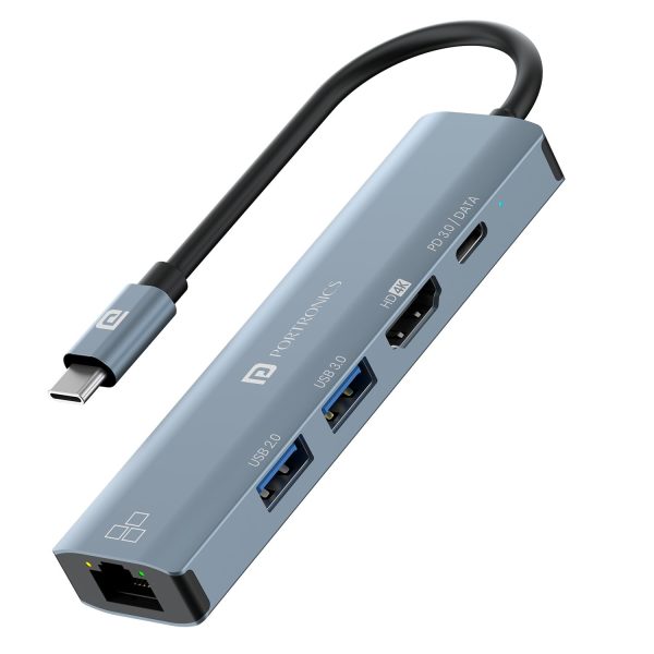 Portronics Mport 51 5-in-1 Type C HUB with RJ 45 Ethernet Port/ 5Gbps Data Transfe/ HDMI Port/ USB 3.0/ PD Quick Charge/ 4K Ultra HD Data Quality (Grey)