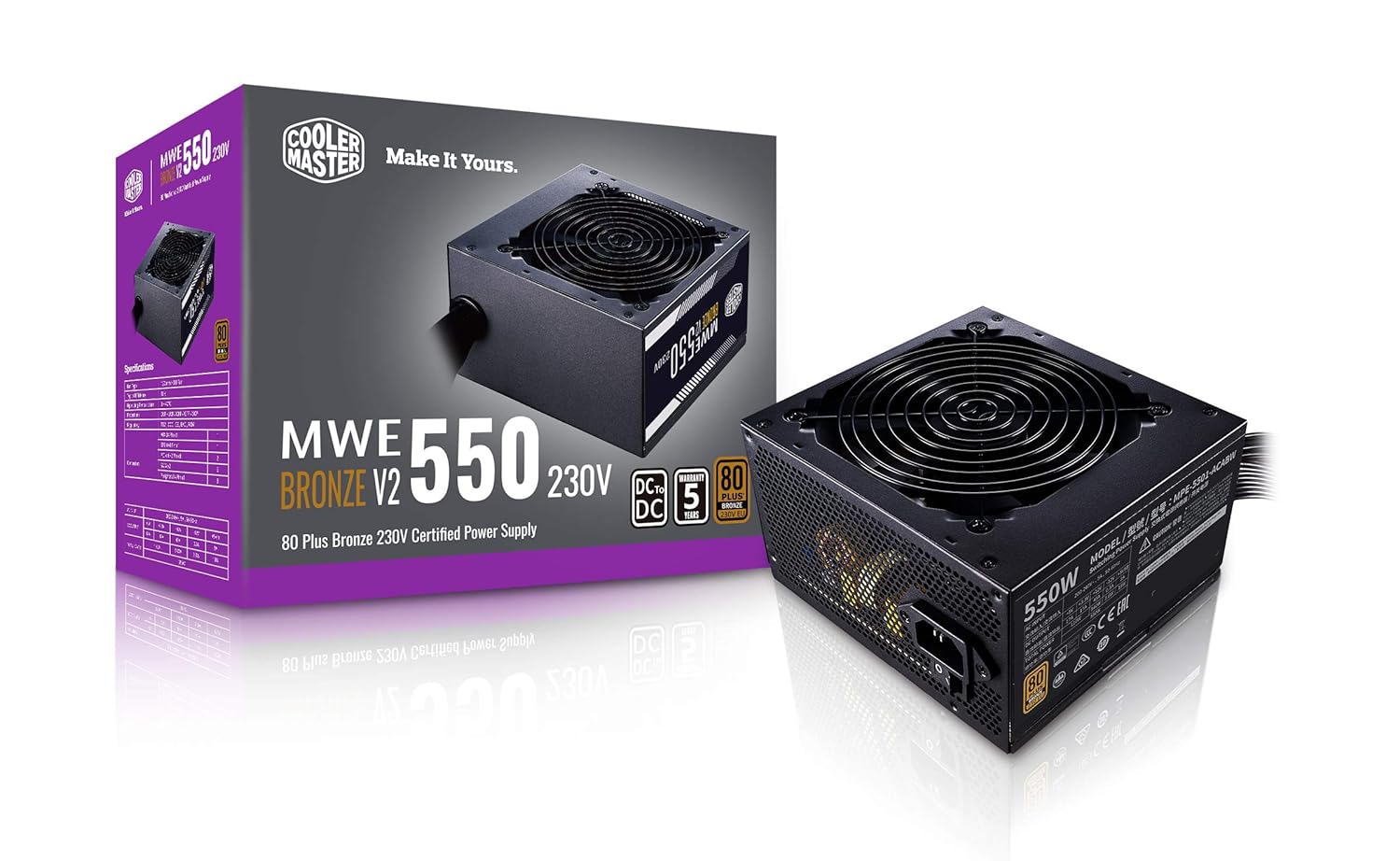 Cooler Master MWE 550 Bronze V2 Power Supply - 80 Plus Bronze Certified | Non-Modular | 120mm HDB Fan | DC-to-DC Circuit Design | ATX 2.52 Version | 550 Watt