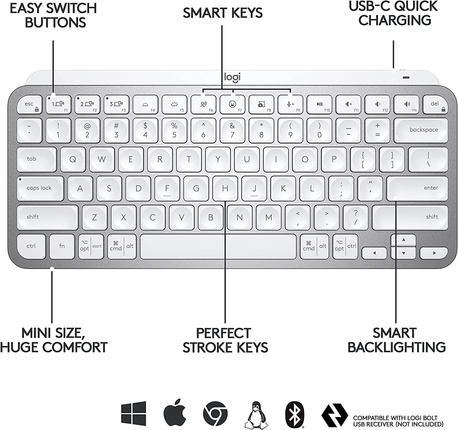 Logitech MX Keys Mini Minimalist Wireless Illuminated Keyboard - Compact, Bluetooth, Backlit, USB-C, Compatible with Apple macOS, iOS, Windows, Linux, Android, Metal Build - Pale Gray - Image 2