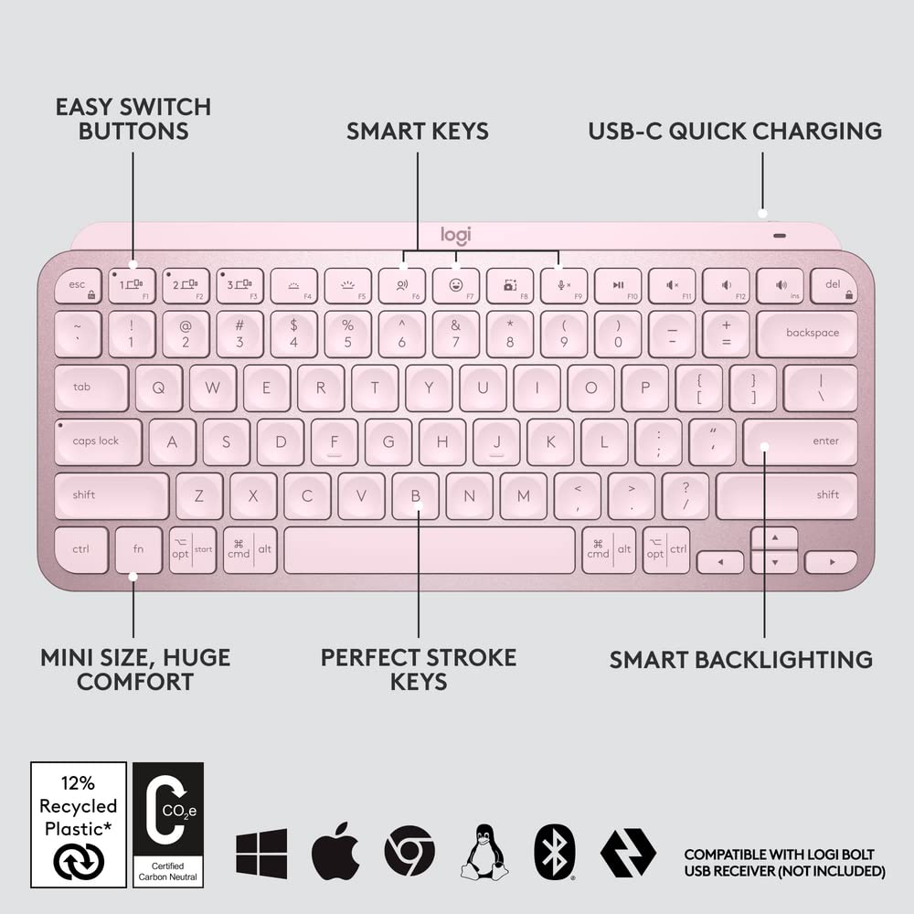 Logitech MX Keys Mini Minimalist Wireless Illuminated Keyboard - Compact, Bluetooth, Backlit, USB-C, Compatible with Apple macOS, iOS, Windows, Linux, Android, Metal Build - Rose - Image 3