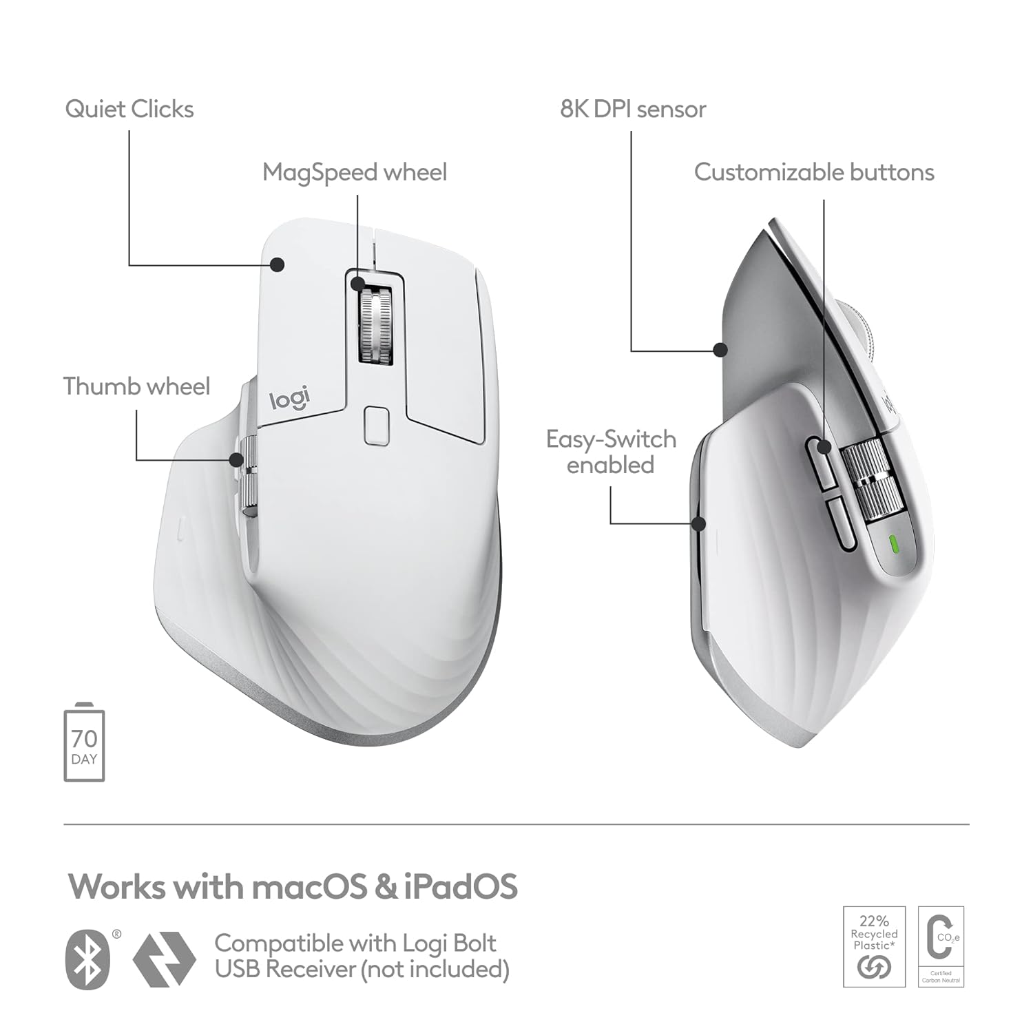 Logitech MX Master 3S for Mac Wireless Bluetooth Mouse with Ultra-Fast Scrolling, Ergo, 8K DPI, Track on Glass, Quiet Clicks, USB-C, Customization, Apple, iPad - Pale Grey - Image 5