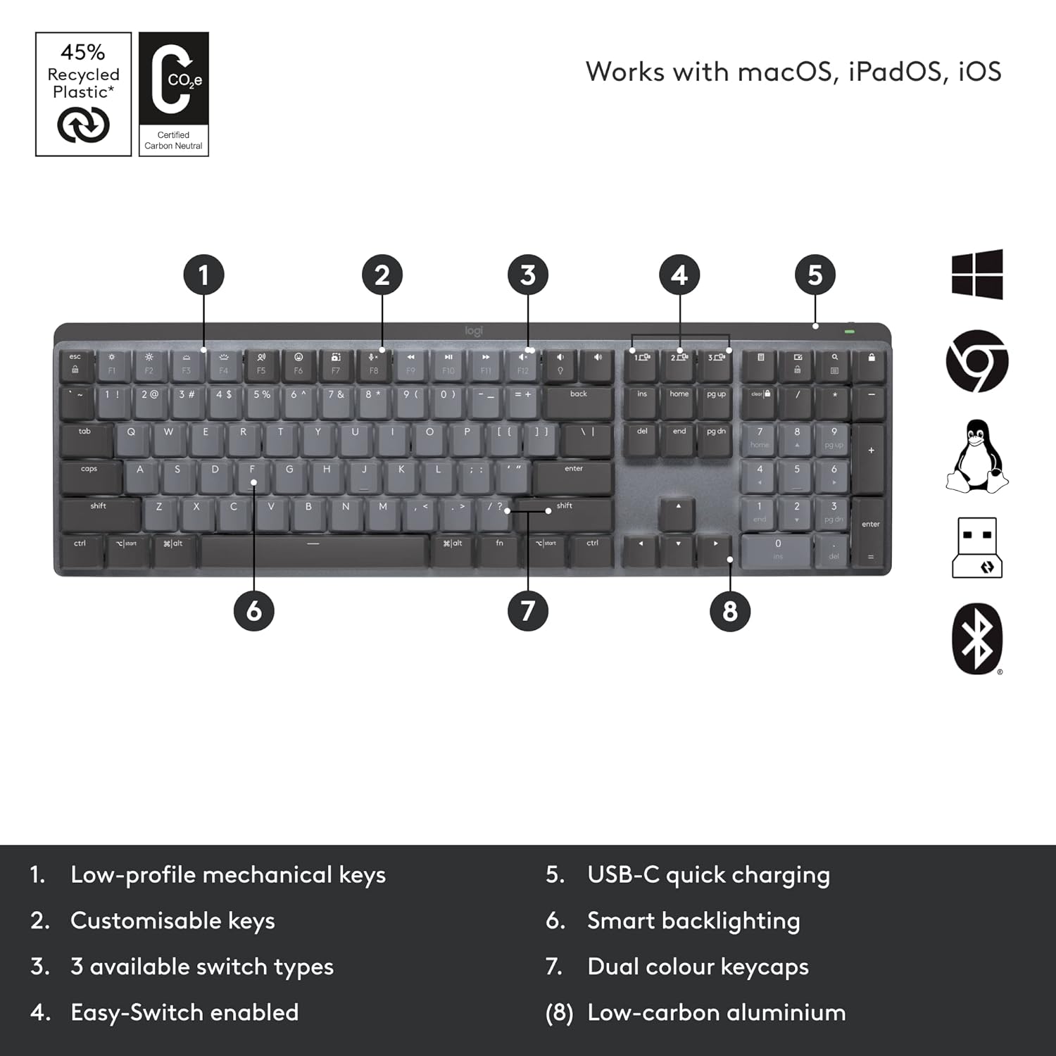 Logitech MX Mechanical Wireless Illuminated Performance Keyboard - Linear Switches, Backlit Keys, Bluetooth, USB-C, Mac OS, Windows, Linux, iOS, Android (Graphite) - Image 5