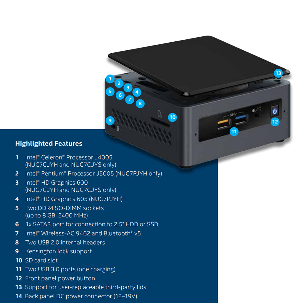 Intel NUC Mini PC Kit NUC7CJYH with Celeron J4005 Processor/ Integrated Graphics/ RAM Slot/ Memory Card Slot/ 2 HDMI/ 6 USB Ports - Image 5