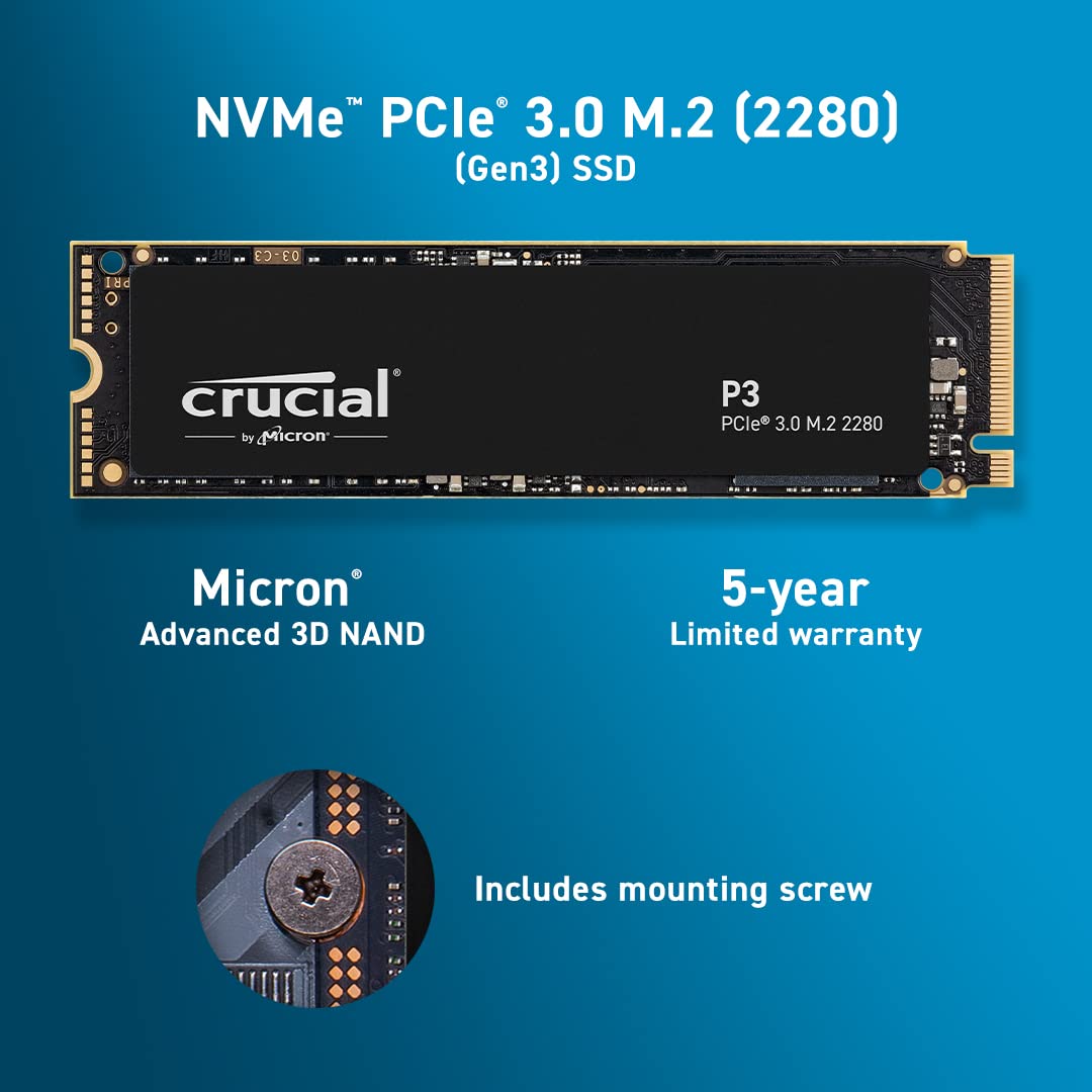 Crucial P3 1TB PCIe 3.0 3D NAND NVMe M.2 SSD (Up to 3500MB/s Read & 3000MB/s Write Speed) - CT1000P3SSD8 - Image 2