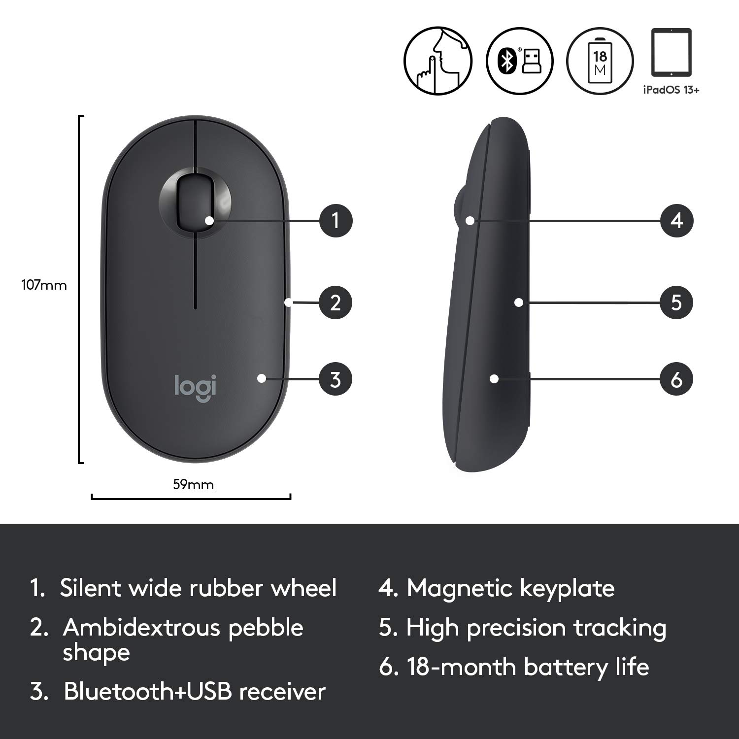 Logitech Pebble M350 Wireless Mouse with Bluetooth & USB - Silent, Slim Computer Mouse with Quiet Click for Laptop, Notebook, PC and Mac - Graphite - Image 5
