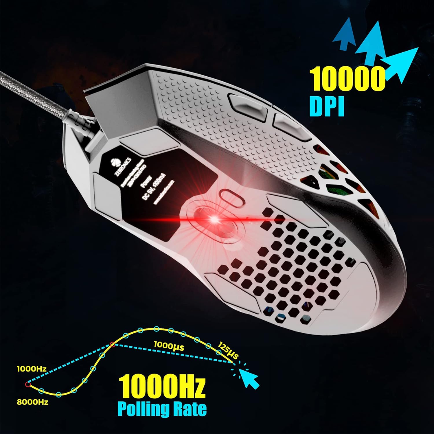 Zebronics Zeb-Phobos PRO 6-button High Performance Wired Gaming Mouse with 10000 DPI Sensor/ 70g Ultra Lightweight/ 1000Hz Polling Rate/ RGB Lights/ Advanced Windows Software/ Braided Cable - Image 5