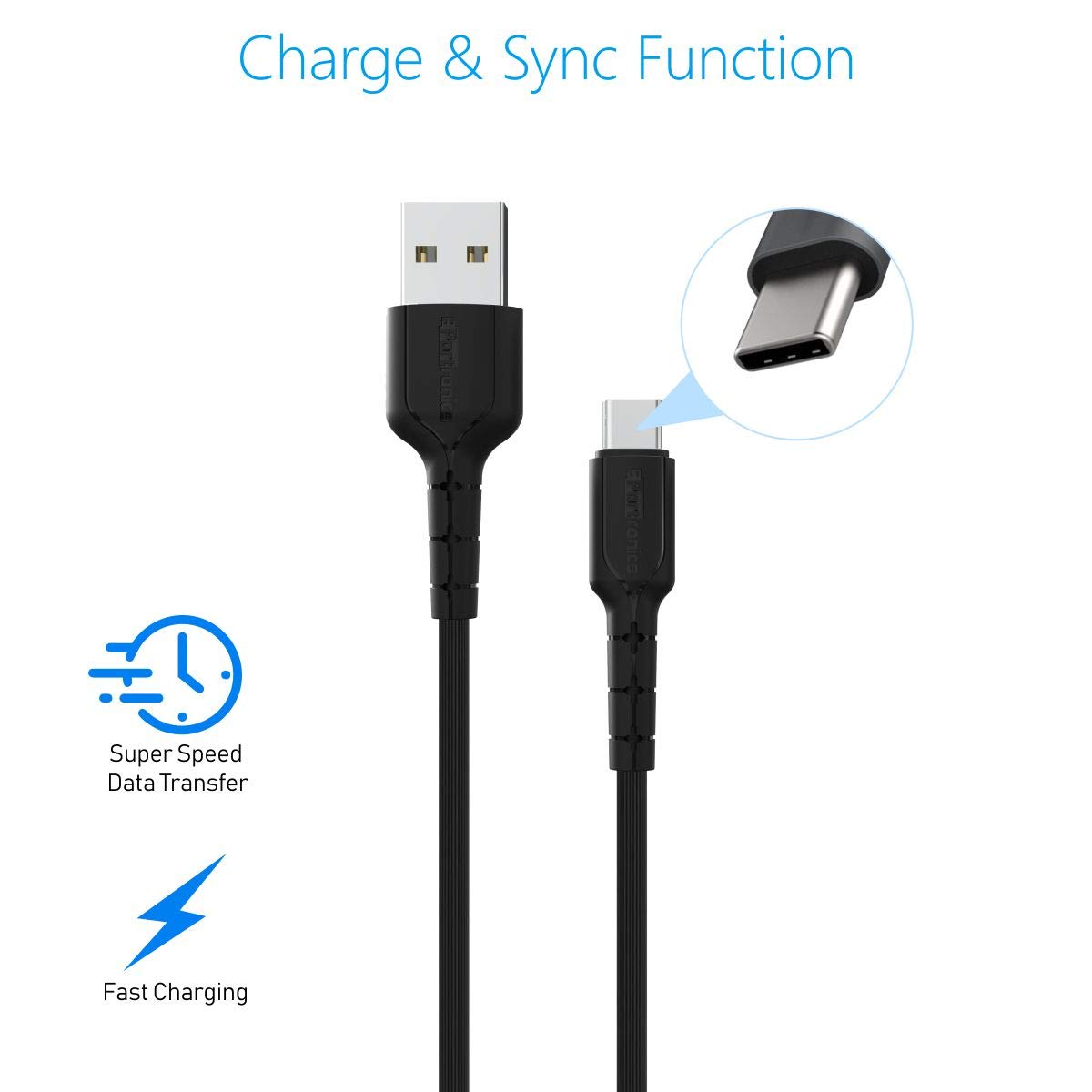 Portronics Konnect Star Type-C Cable for Charging/ Data Transfer/ 2.4A/ 1.2m Length - Black (POR-169) - Image 2