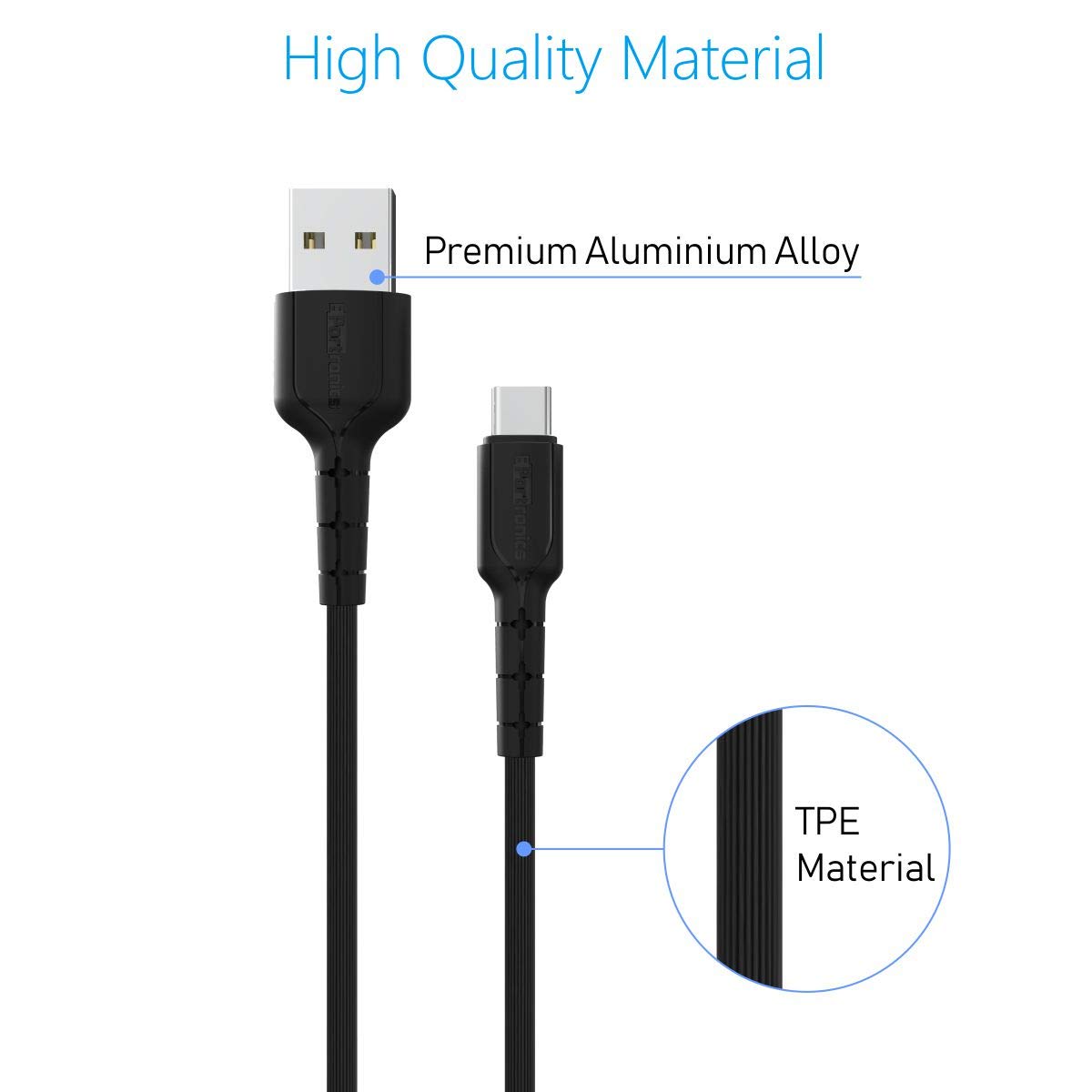 Portronics Konnect Star Type-C Cable for Charging/ Data Transfer/ 2.4A/ 1.2m Length - Black (POR-169) - Image 3