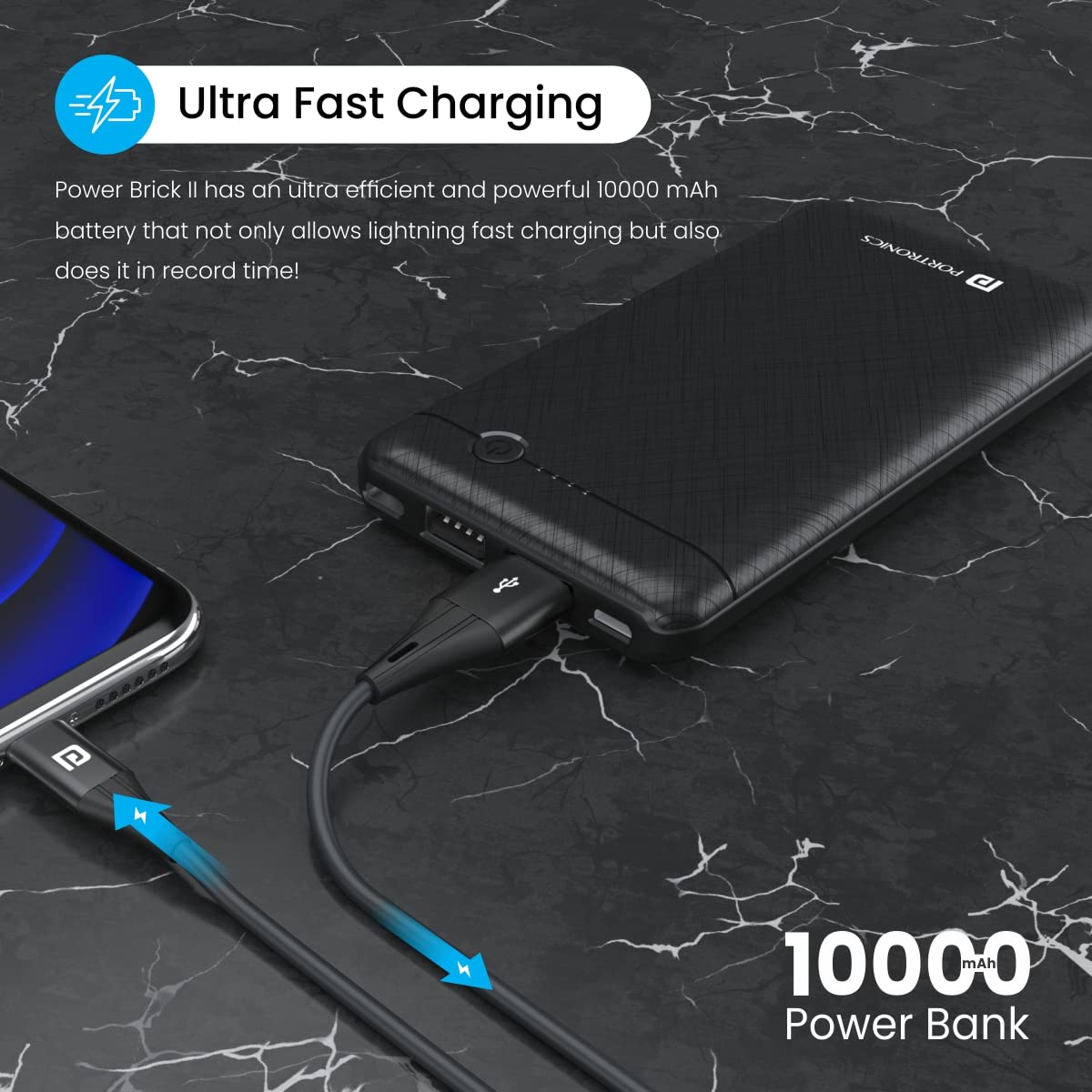 Portronics Power Brick II 10000 mAh/2.4A 12w Slim Power Bank with Dual USB Output Port for iPhone/ Anrdoid & Other Devices (Black) - Image 2