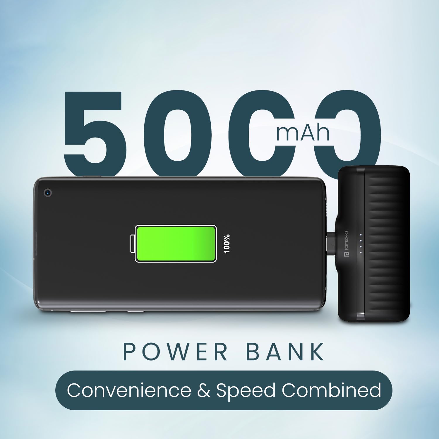 Portronics Power Pebble 5000mAh 20W Fast Charging Powerbank, in-Built Foldable Type C Input/Output Pin, Type C PD Output, LED Battery Indicator, Compatible with Type C Smartphone, iPhone - Black - Image 2