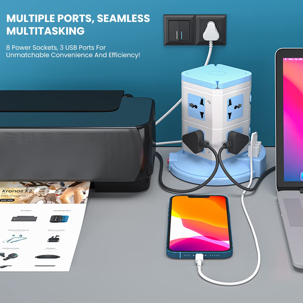 Portronics Power Plate 9 with 3 USB Ports + 8 Power Sockets Power Converter(POR-1600) - Image 2