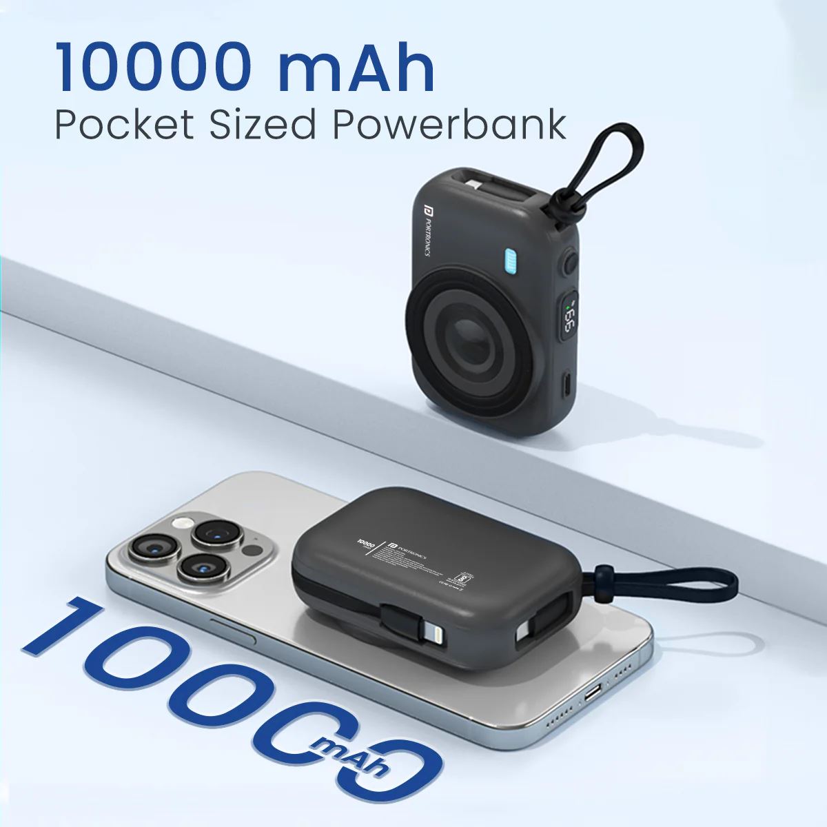 Portronics Power Shutter Powerbank - 15W Wireless Charging/ 22.5W Type C PD Output/ In Built Type C and 8 Pin Cable/ LED Display (Black) - Image 3