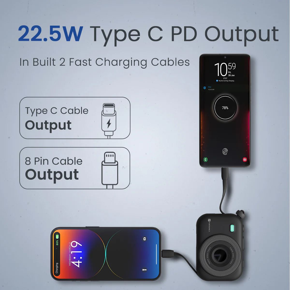 Portronics Power Shutter Powerbank - 15W Wireless Charging/ 22.5W Type C PD Output/ In Built Type C and 8 Pin Cable/ LED Display (Black) - Image 4