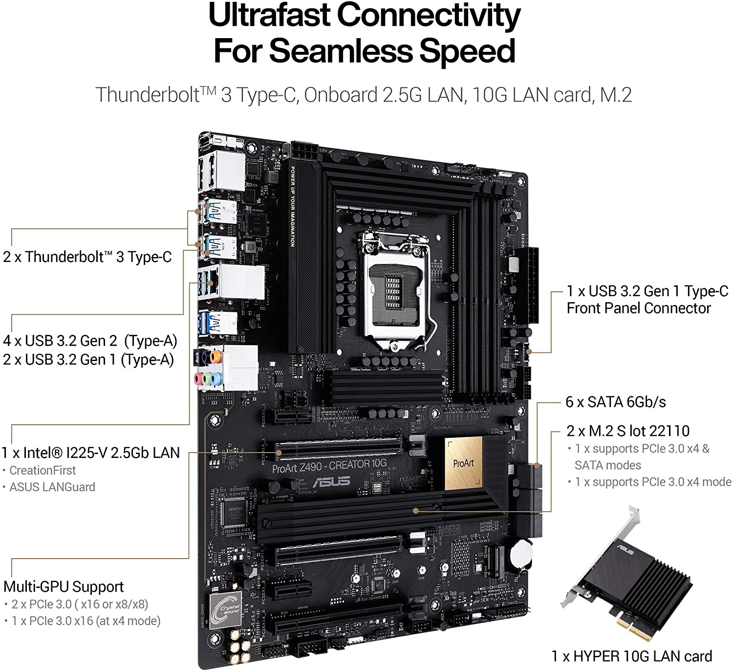 Asus ProArt Z490-CREATOR 10G Thunderbolt 3 Motherboard for Intel 10th Gen Processors - LGA1200 Socket (Dual Type-C/ Dual M.2/ USB 3.2 Gen 2/ SATA 6 Gbps/ MAX 128GB DDR4 4600Mhz) - Image 3
