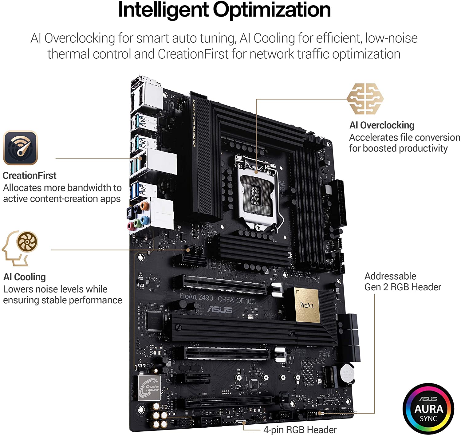 Asus ProArt Z490-CREATOR 10G Thunderbolt 3 Motherboard for Intel 10th Gen Processors - LGA1200 Socket (Dual Type-C/ Dual M.2/ USB 3.2 Gen 2/ SATA 6 Gbps/ MAX 128GB DDR4 4600Mhz) - Image 4