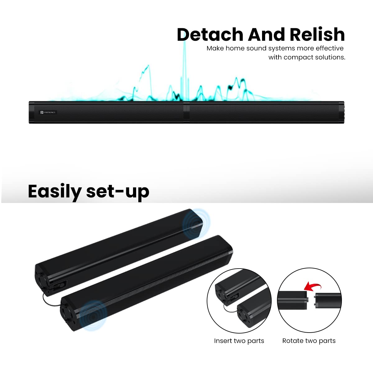 Portronics Pure Sound 103 Detachable 100W Bluetooth Soundbar with Wired Subwoofer/ 2.1 Channel System/ USB/ Aux/ MicroSD Slot - Image 2