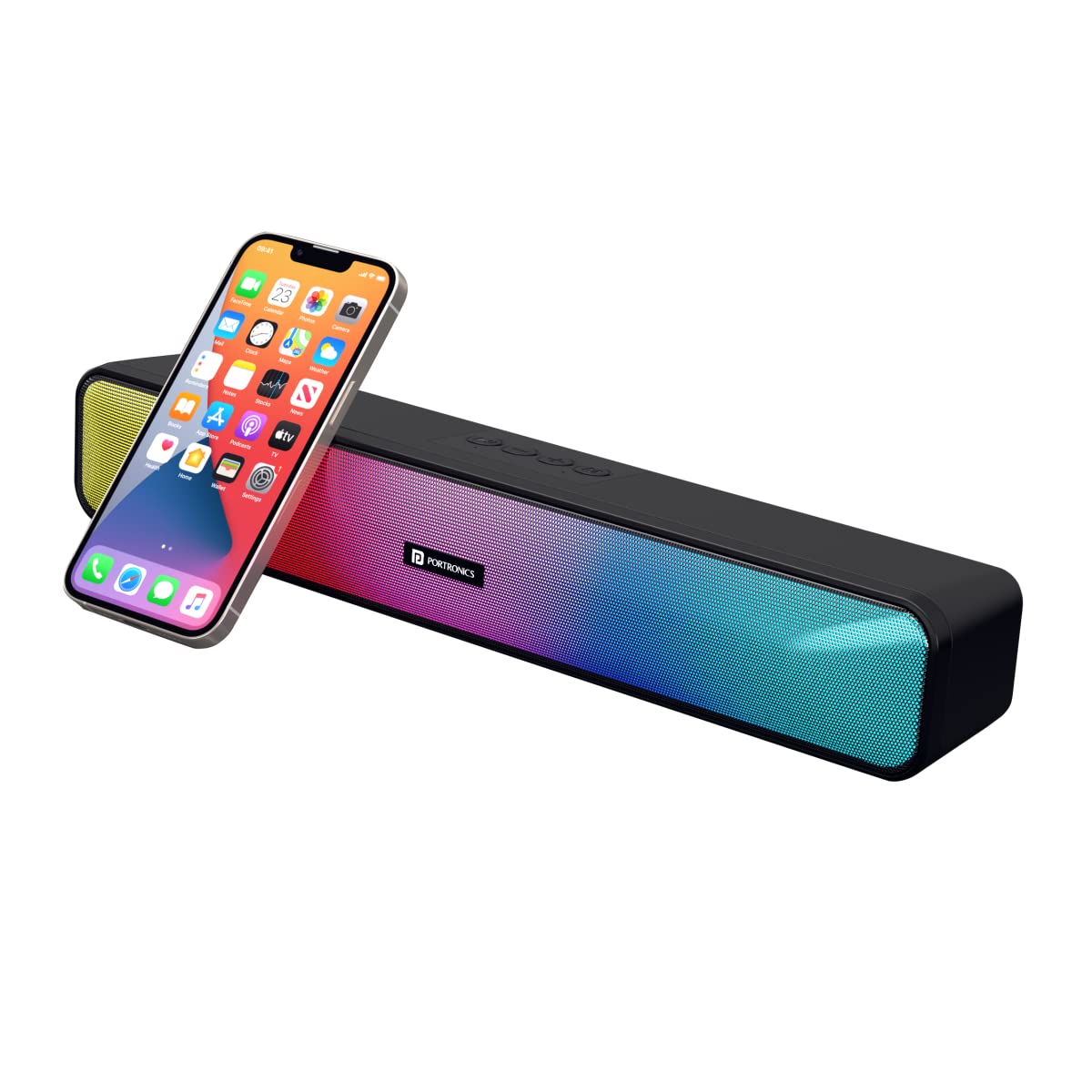 Portronics Radian 16W Bluetooth Stereo Soundbar with Multicolour LED Lights, in-Built FM Radio, Built in Mic, Aux in 3.5mm, Micro SD Slot - Black - Image 2