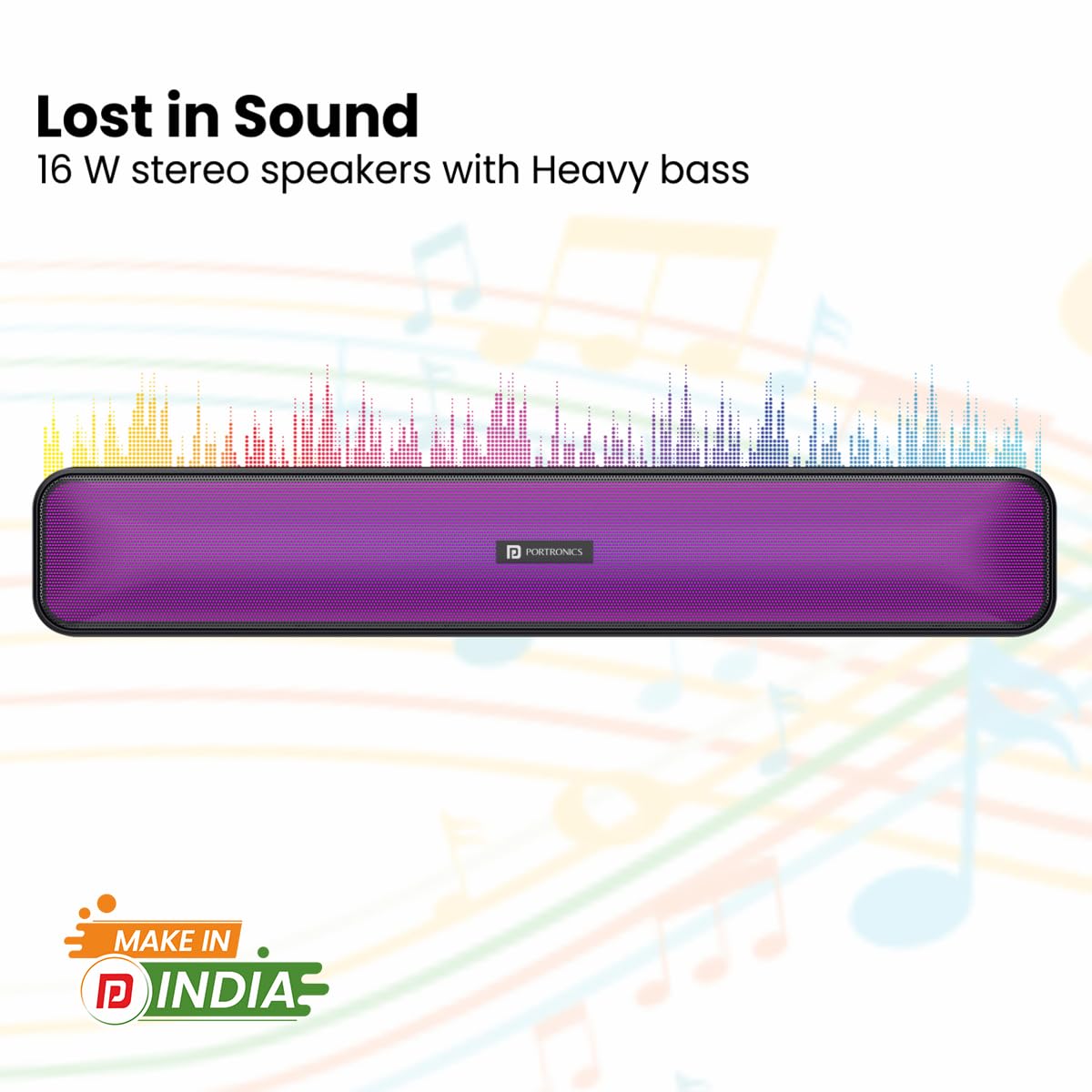 Portronics Radian 16W Bluetooth Stereo Soundbar with Multicolour LED Lights, in-Built FM Radio, Built in Mic, Aux in 3.5mm, Micro SD Slot - Black - Image 3