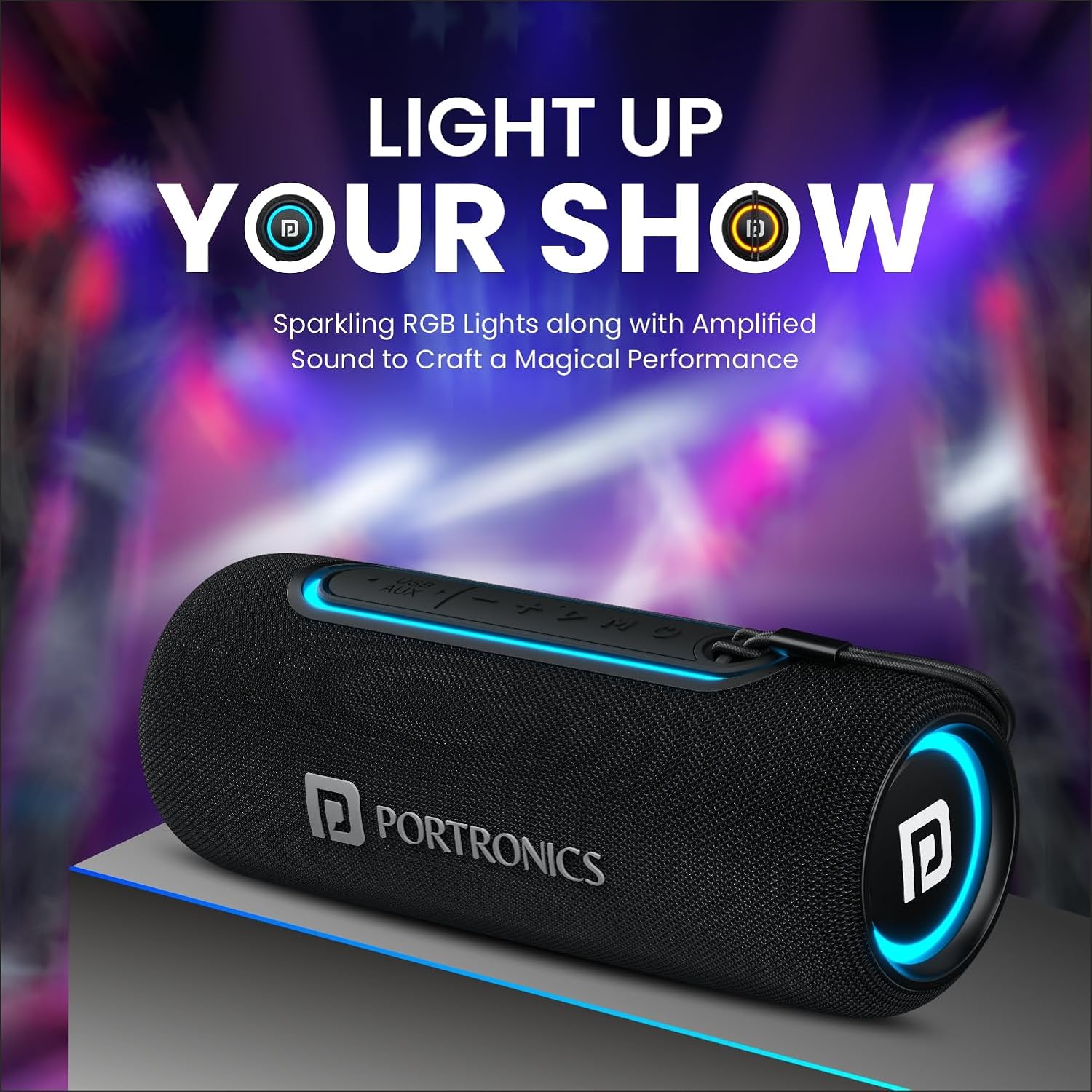 Portronics Resound 2 15W HD Sound Portable Wireless Bluetooth Speaker, in-Built Mic, RGB Lights, TWS Connectivity, Bluetooth v5.3, IPX5 Water Resistant, Type C Charging Port - Black - Image 2