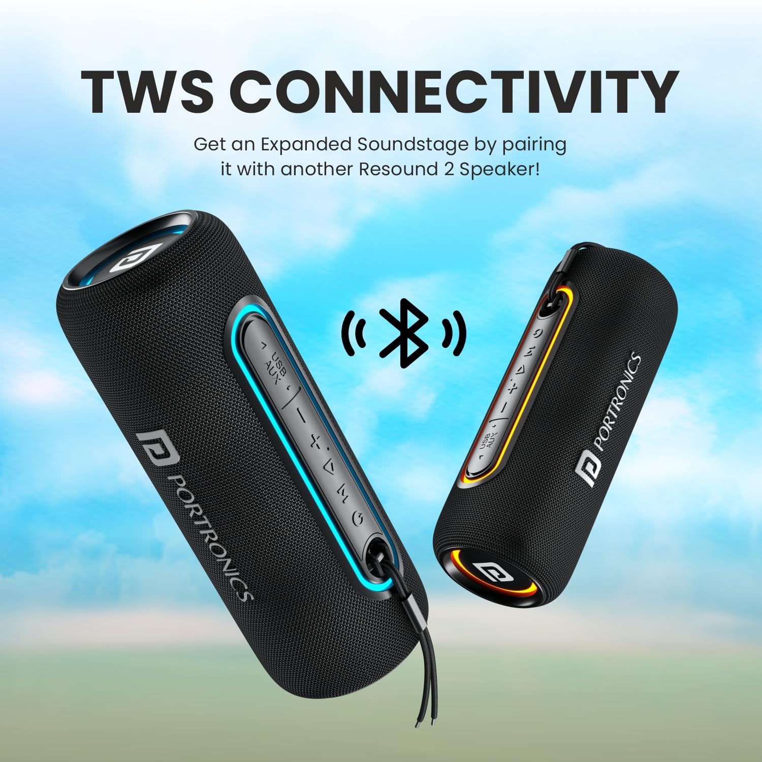 Portronics Resound 2 15W HD Sound Portable Wireless Bluetooth Speaker, in-Built Mic, RGB Lights, TWS Connectivity, Bluetooth v5.3, IPX5 Water Resistant, Type C Charging Port - Black - Image 5