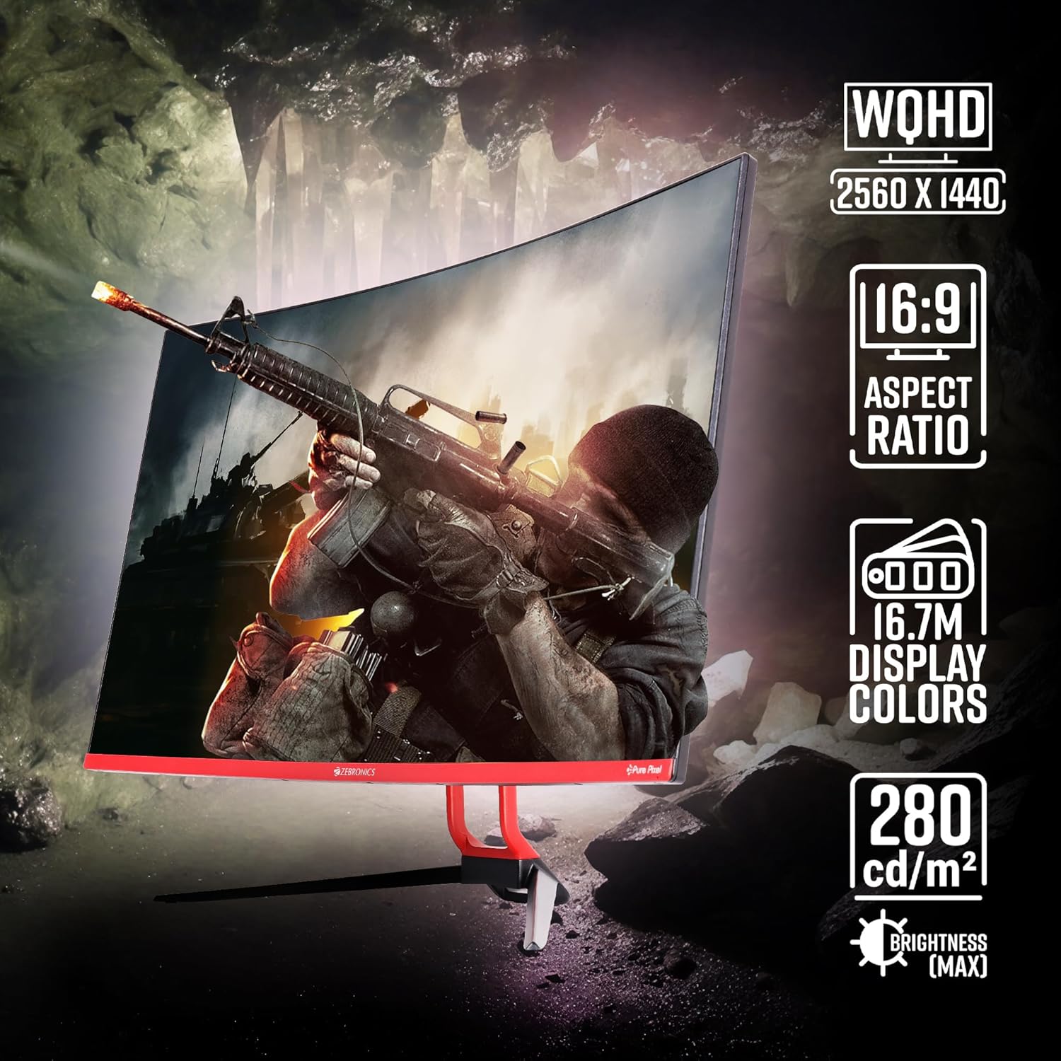 Zebronics S32A, 1800R Curved Gaming Monitor, 32 inch (80cm), 280 nits, 180Hz, WQHD, 2560x1440, FreeSync, 1ms MPRT, HDMI, DP, HDR10, Bezel Less, Built-in Speakers, Wall Mountable - Image 5