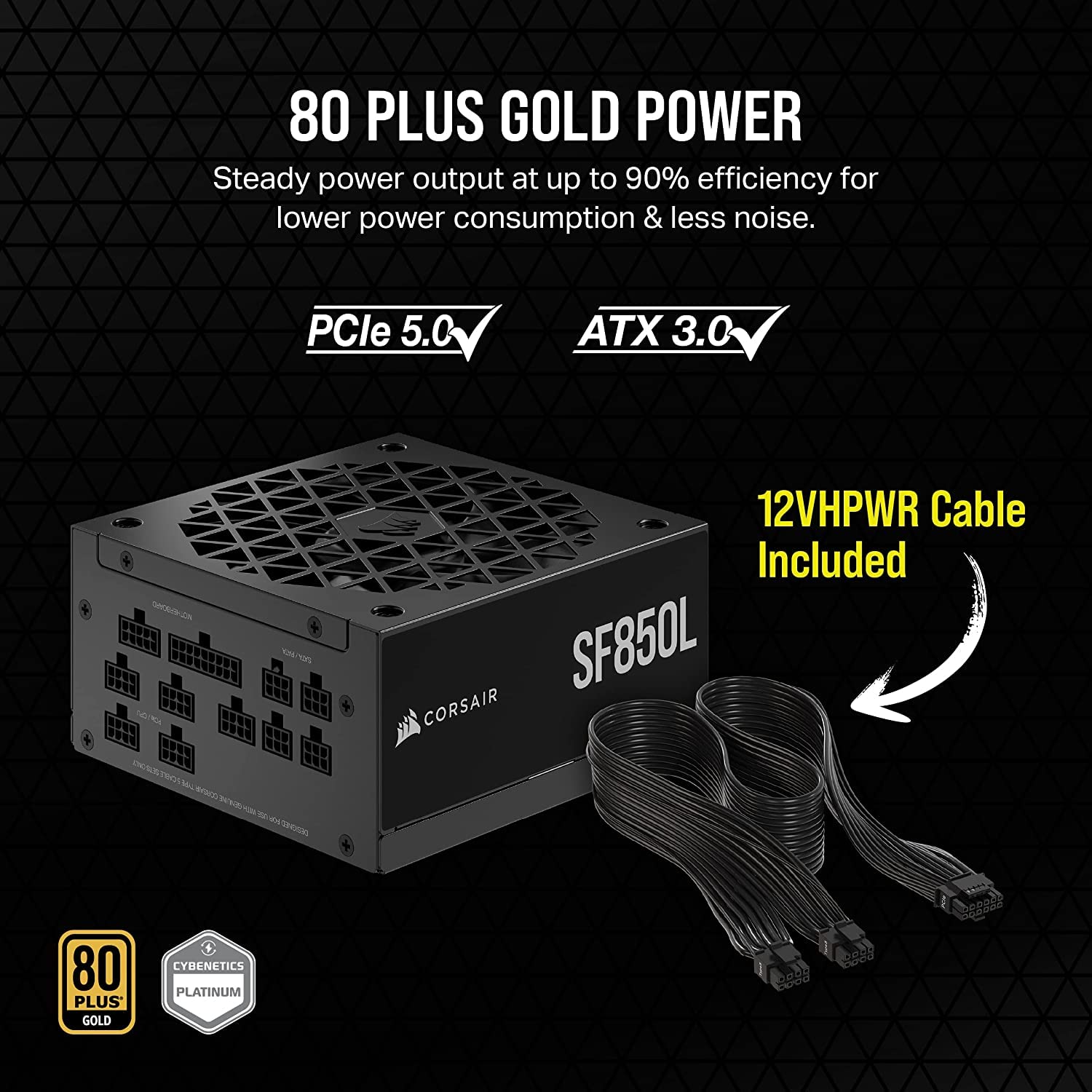 Corsair SF850L Fully Modular Low-Noise SFX Power Supply - ATX 3.0 AND PCIe 5.0 Compliant - Quiet 120mm PWM Fan - 80 Plus Gold Efficiency - Zero RPM Mode - 105?C-Rated Capacitors - Image 5