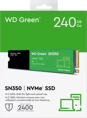 Western Digital WD Green SN350 NVMe 240GB SSD (WDS240G2G0C) - Upto 2400MB/S, 3 Yr Warranty, PCIe Gen 3 NVMe M.2 (2280)