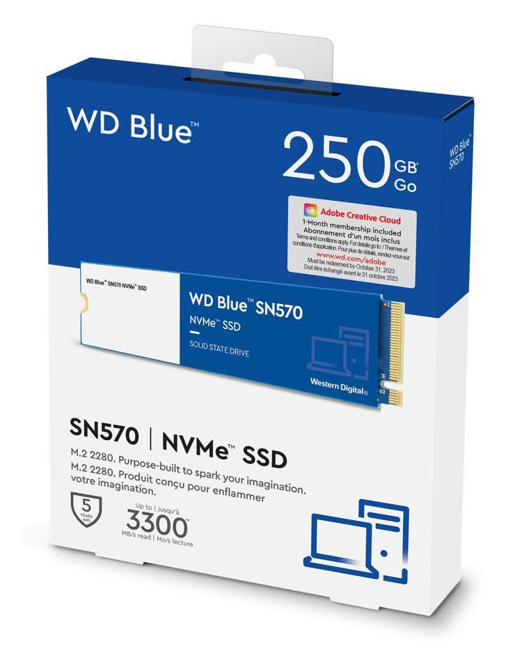 Western Digital WD Blue SN570 NVMe 250GB SSD (WDS250G3B0C) - Upto 3300MB/s, with Free 1 Month Adobe Creative Cloud Subscription, 5 Yr Warranty, PCIe Gen 3 NVMe M.2 (2280)