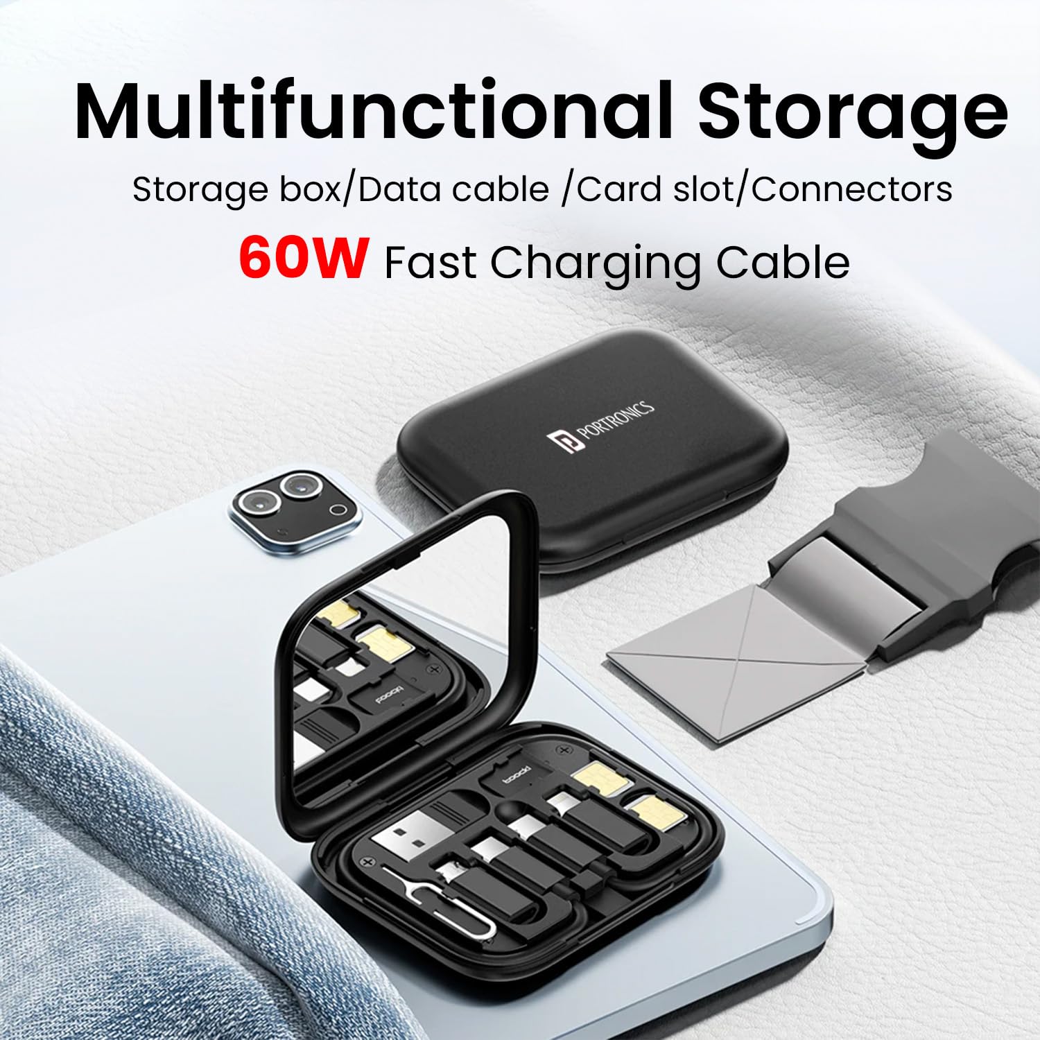 Portronics Snapcase 60W Multifunctional Fast Charging Data Cable Kit, Conversion Set USB A and Type C to Male Micro/Type C/Lightning, Data Transfer, Sim Storage, Sim Eject Pin, Pocket Mirror, Phone Holder - Image 2