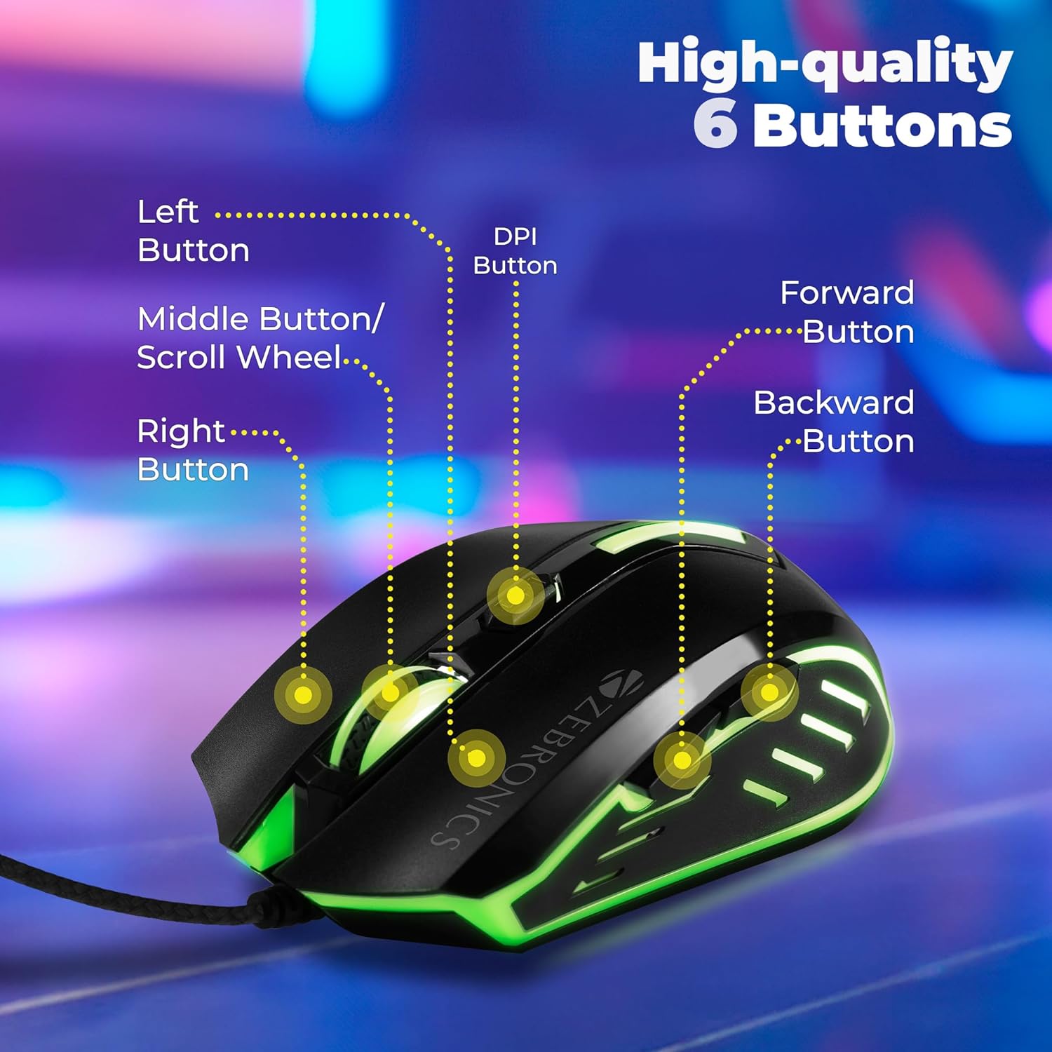 Zebronics Sniper Wired Gaming Mouse with 6 Buttons, Multicolor LED Lights, High Precision, DPI Switch with 800/1200/1600/2400 DPI?s, 1 Million Clicks, 87 Grams Light Mouse - Image 5