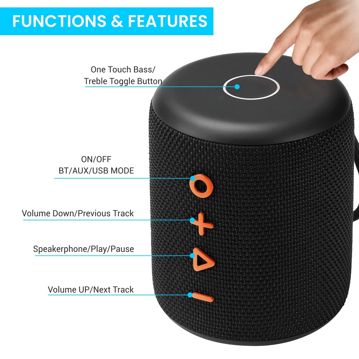 Portronics SoundDrum Plus 15W Portable Bluetooth Speaker with Boosted Bass, Equaliser, in-Built Mic, 3.5mm Aux in-Port, Pendrive & 2500mAh Battery (POR-1040) - Image 4