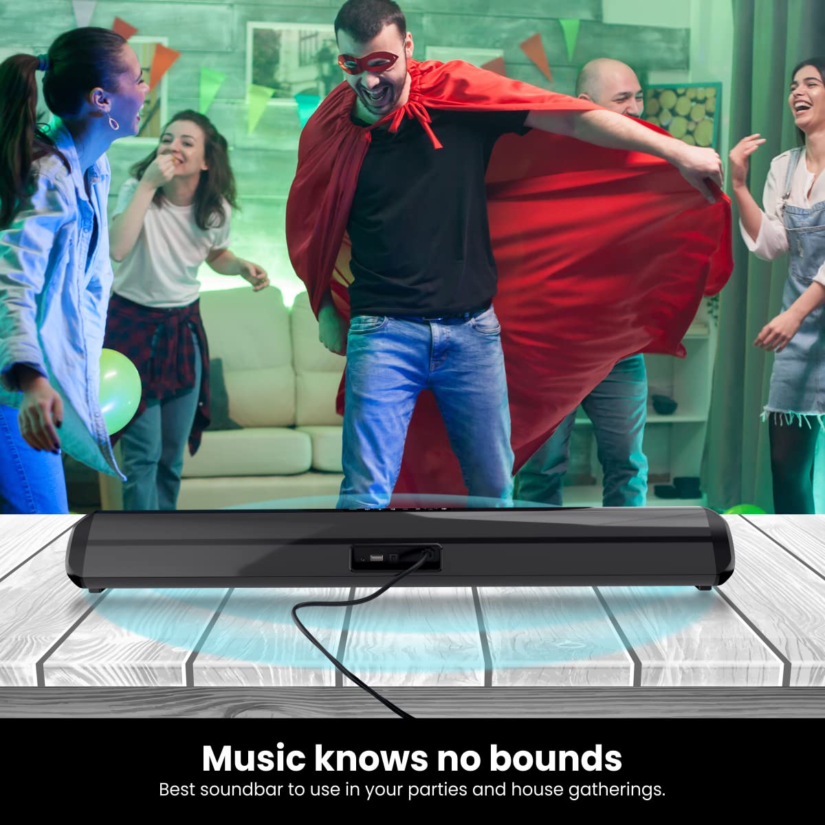 Portronics Sound Slick 6 60W Bluetooth Wireless Soundbar with Multiple Audio Modes/ 3.5mm Aux-in/ in-Built Power Cable/ Optical Input Port/ Remote Control (Black) - Image 5