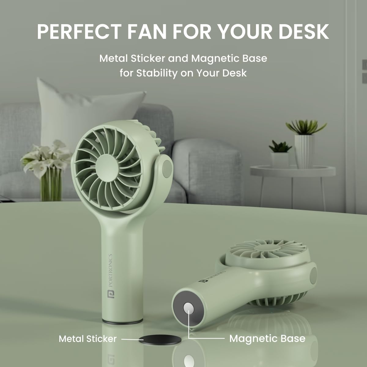 Portronics Toofan Mini Portable Rechargeable Fan with 3 Speed Modes/ Upto 7800 RPM Max Speed/ 2000 mAh Battery/ Type C Charging Port/ Magnetic Base for Stability (Green) - Image 4