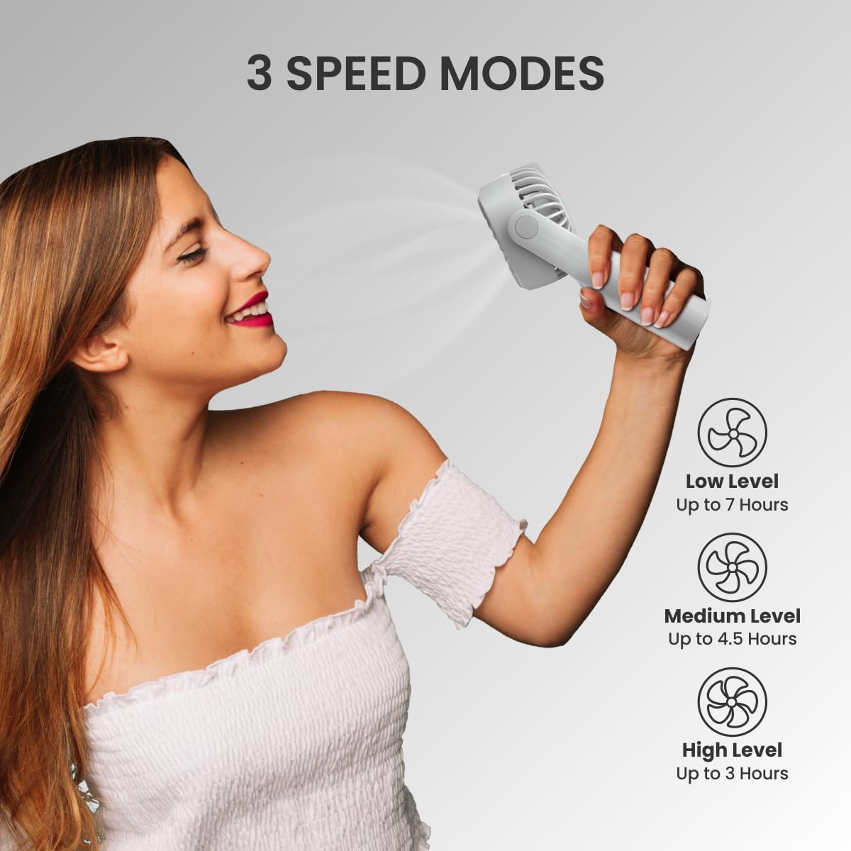 Portronics Toofan Mini Portable Rechargeable Fan with 3 Speed Modes/ Upto 7800 RPM Max Speed/ 2000 mAh Battery/ Type C Charging Port/ Magnetic Base for Stability (White) - Image 3