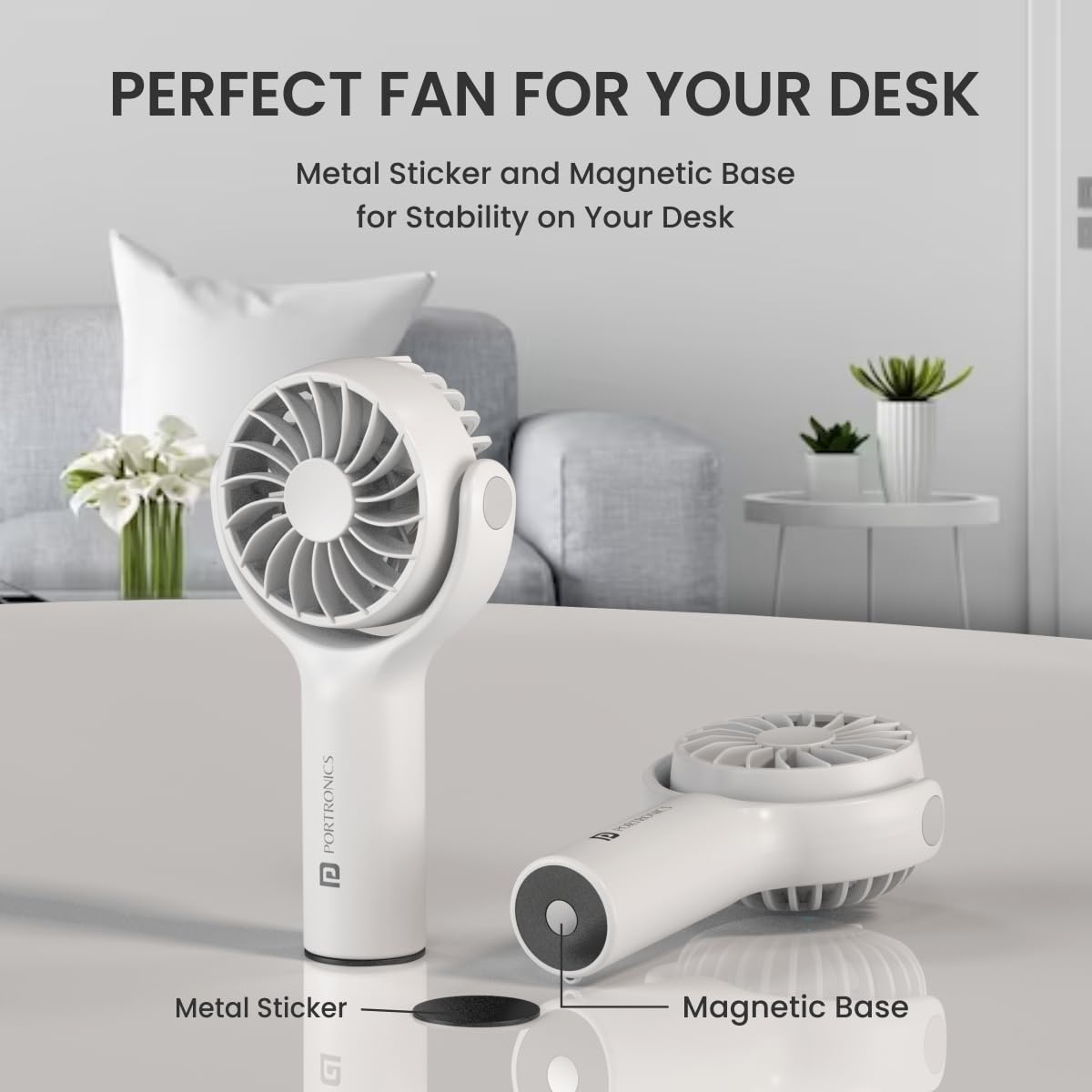 Portronics Toofan Mini Portable Rechargeable Fan with 3 Speed Modes/ Upto 7800 RPM Max Speed/ 2000 mAh Battery/ Type C Charging Port/ Magnetic Base for Stability (White) - Image 4