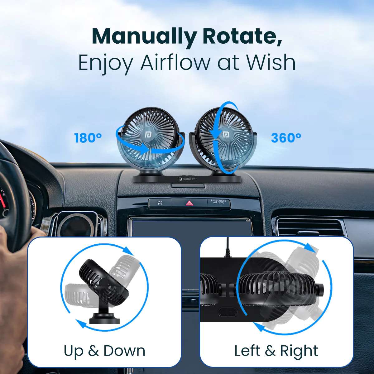 Portronics Twin Cool Rotatable Dual Heads USB fan, Brushless Motor, Rotatable Heads, 3 Speed Mode, USB Powered Fan, Triple-Blade Design - Image 2