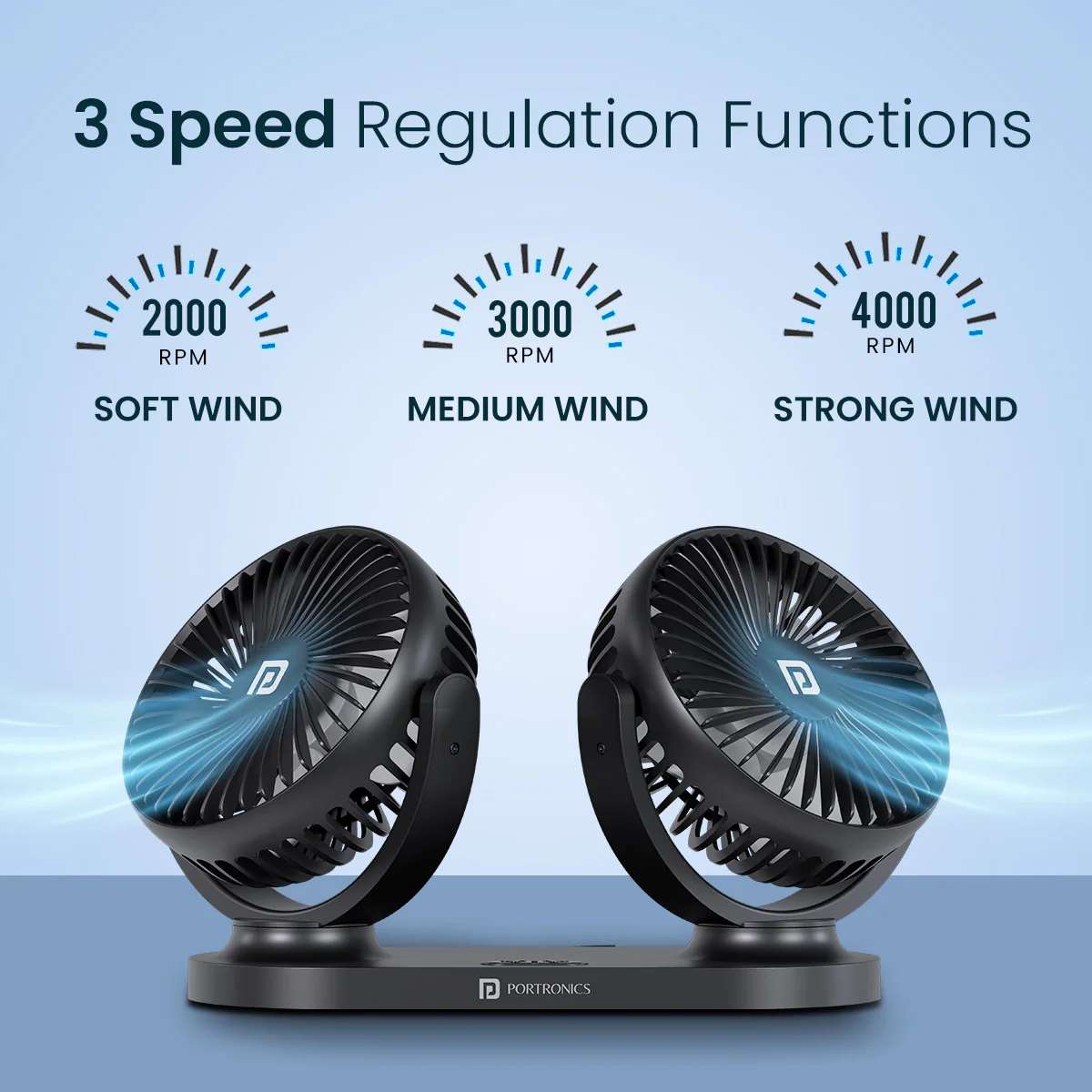 Portronics Twin Cool Rotatable Dual Heads USB fan, Brushless Motor, Rotatable Heads, 3 Speed Mode, USB Powered Fan, Triple-Blade Design - Image 5