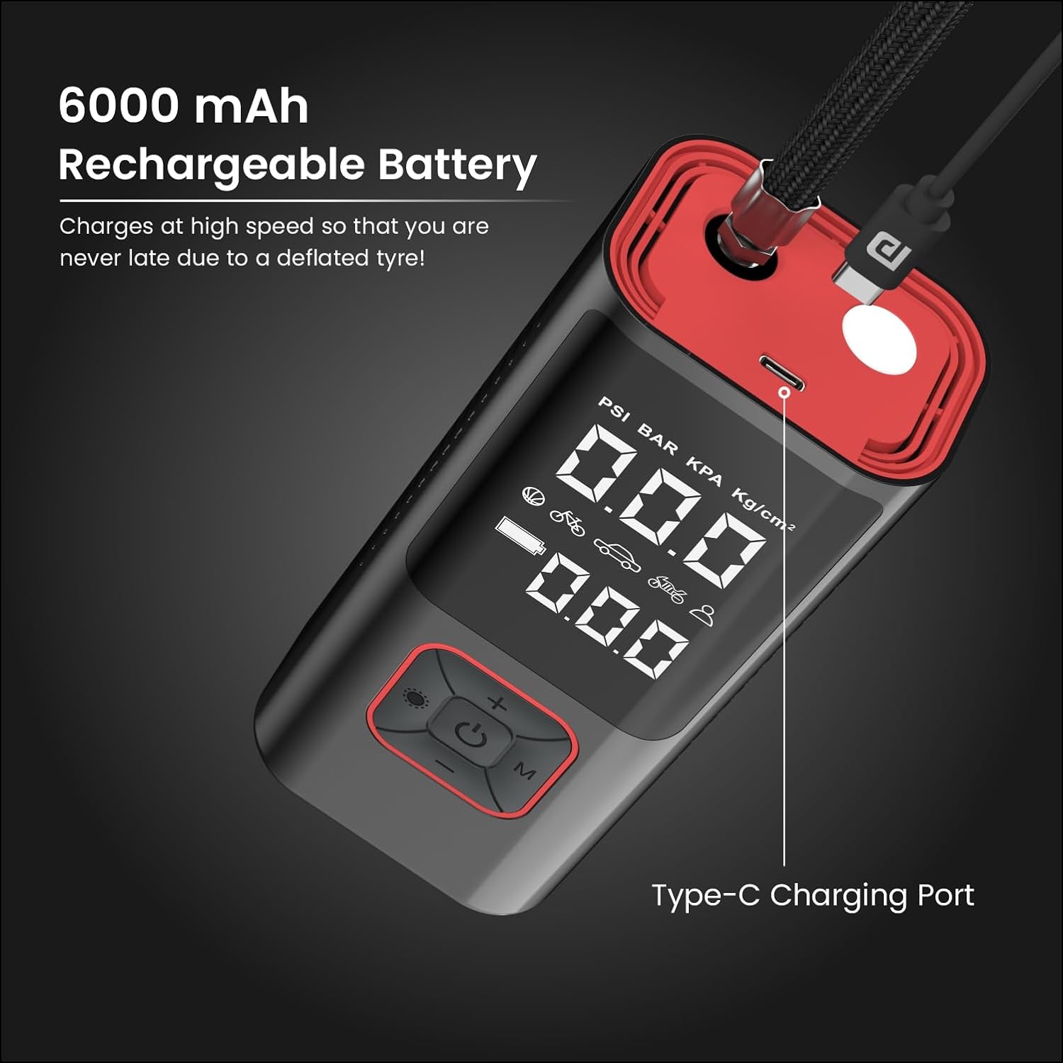 Portronics Vayu 2.0 Rechargeable Tyre Inflator with 150 PSI Pressure/ 6000 mAh Battery/ Preset Modes/ Digital Display/ Flashlight Torch - Air Pump Compressor for Car, Bike, Cycle (Black) - Image 2