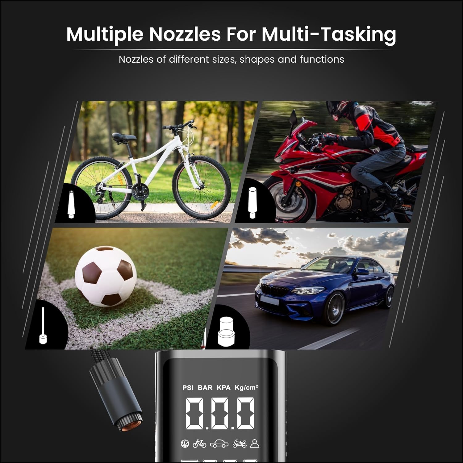 Portronics Vayu 2.0 Rechargeable Tyre Inflator with 150 PSI Pressure/ 6000 mAh Battery/ Preset Modes/ Digital Display/ Flashlight Torch - Air Pump Compressor for Car, Bike, Cycle (Black) - Image 3